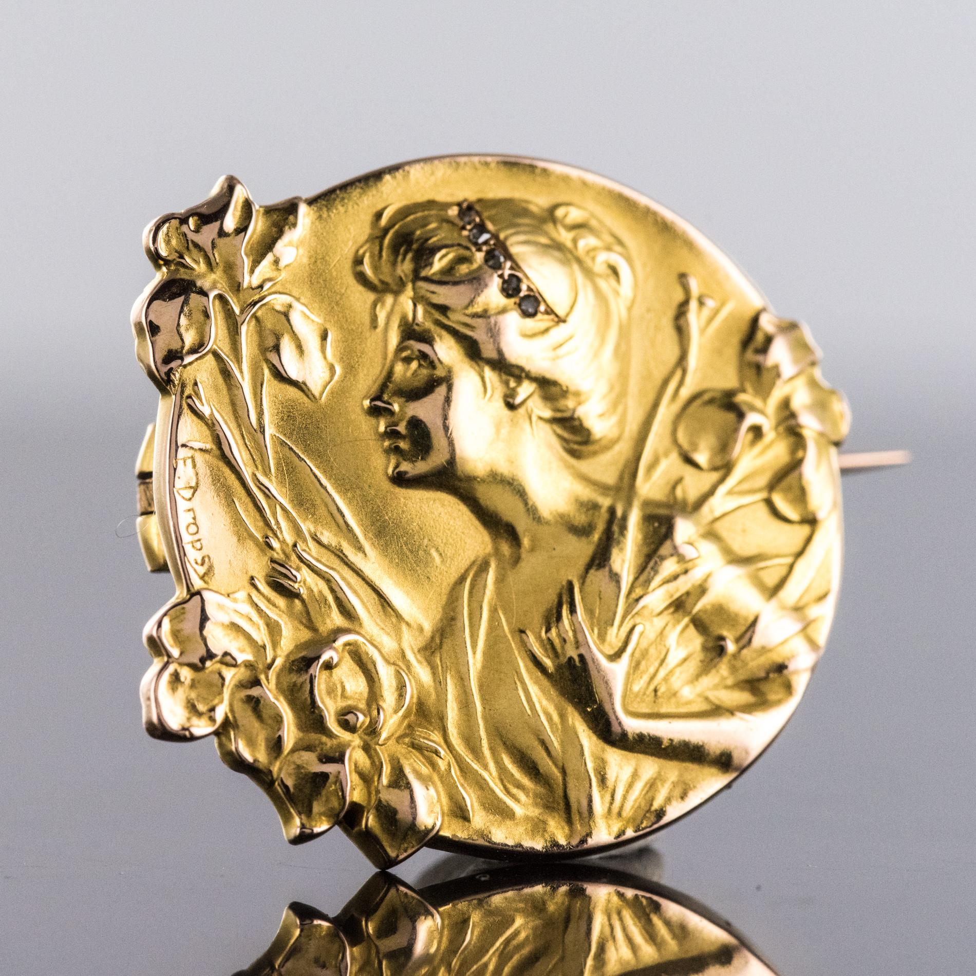 French E. Dropsy Art Nouveau Diamond 18 Karat Yellow Gold Brooch In Excellent Condition In Poitiers, FR