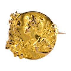 French E. Dropsy Art Nouveau Diamond 18 Karat Yellow Gold Brooch
