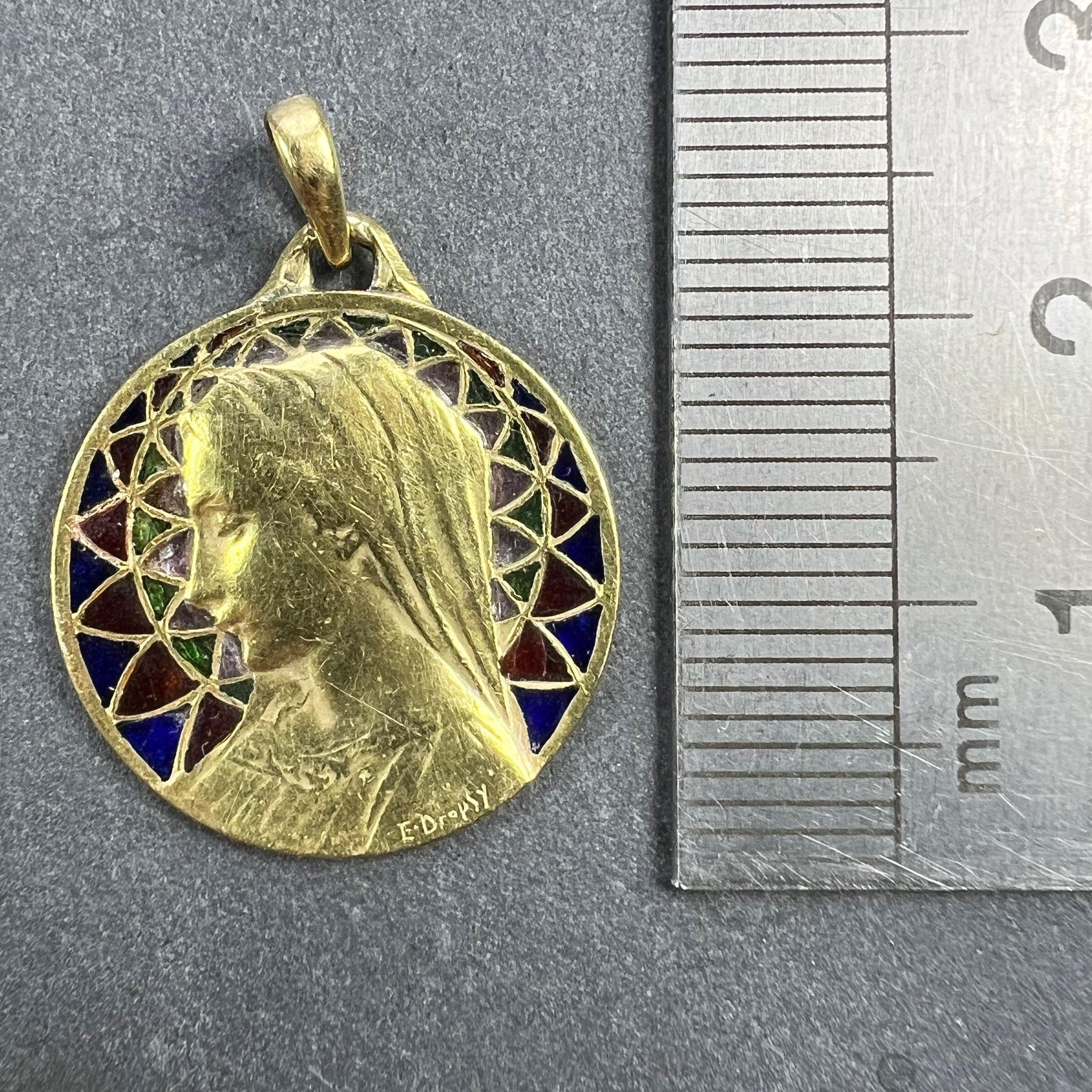 French E Dropsy Virgin Mary Plique A Jour Enamel 18K Yellow Gold Pendant Medal For Sale 7