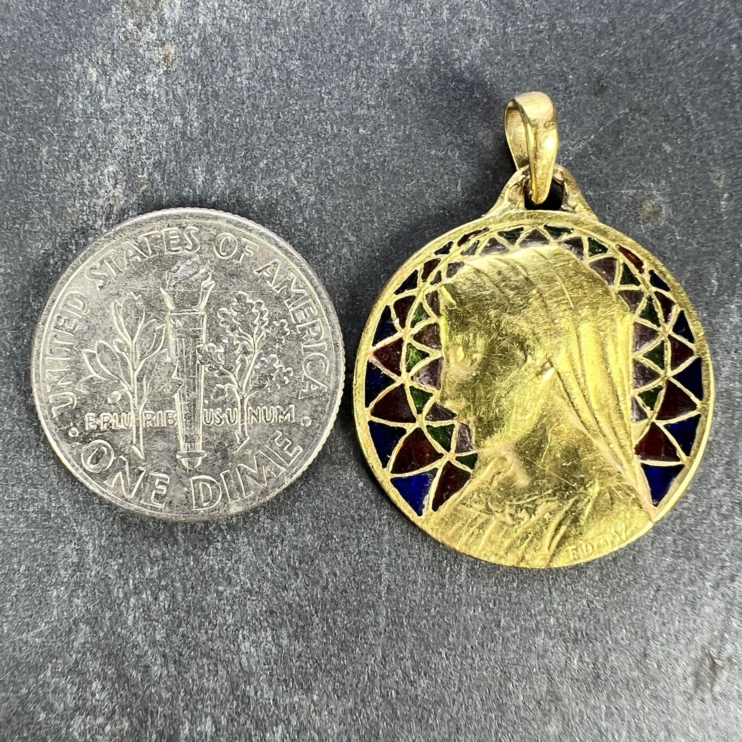 French E Dropsy Virgin Mary Plique A Jour Enamel 18K Yellow Gold Pendant Medal For Sale 8