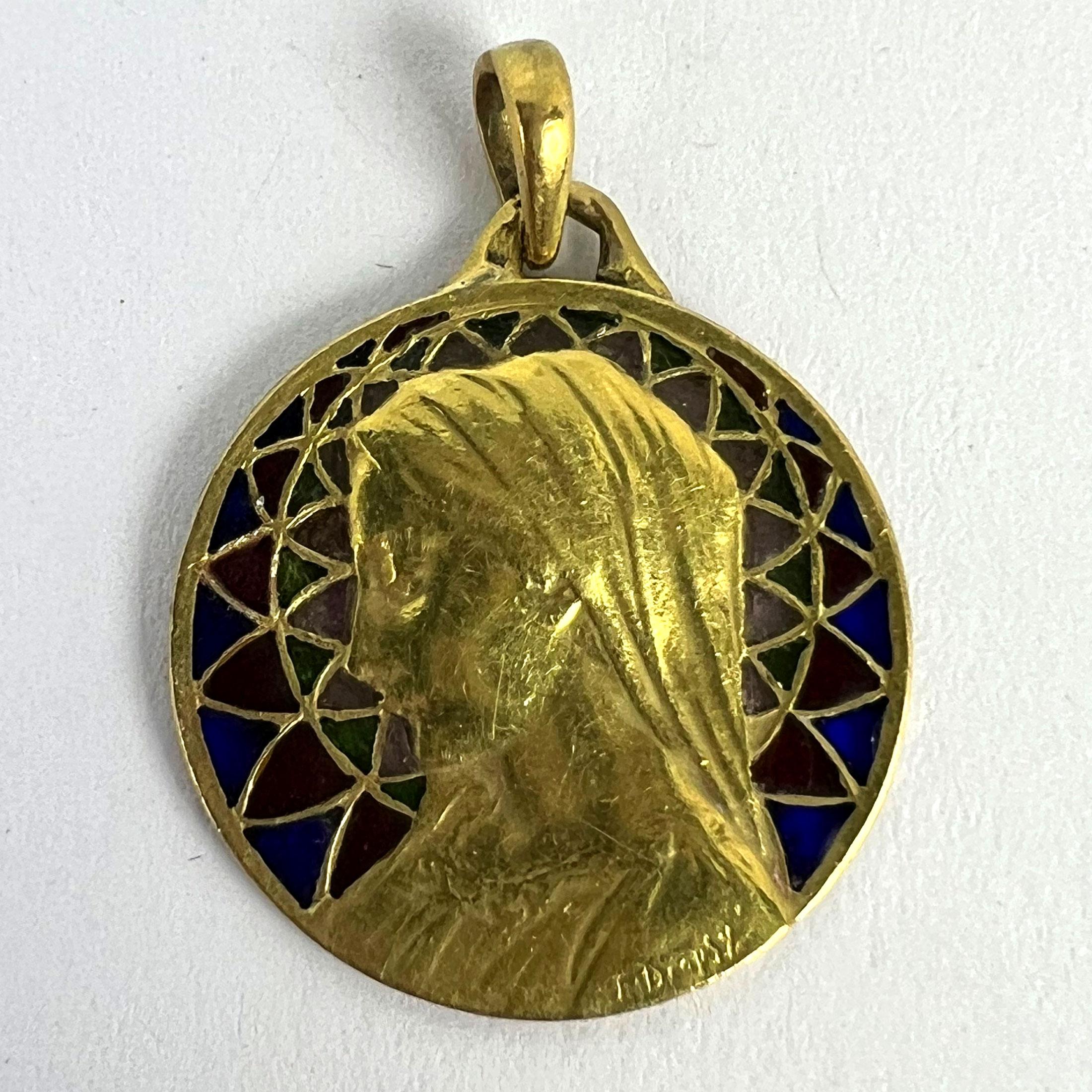 French E Dropsy Virgin Mary Plique A Jour Enamel 18K Yellow Gold Pendant Medal For Sale 11