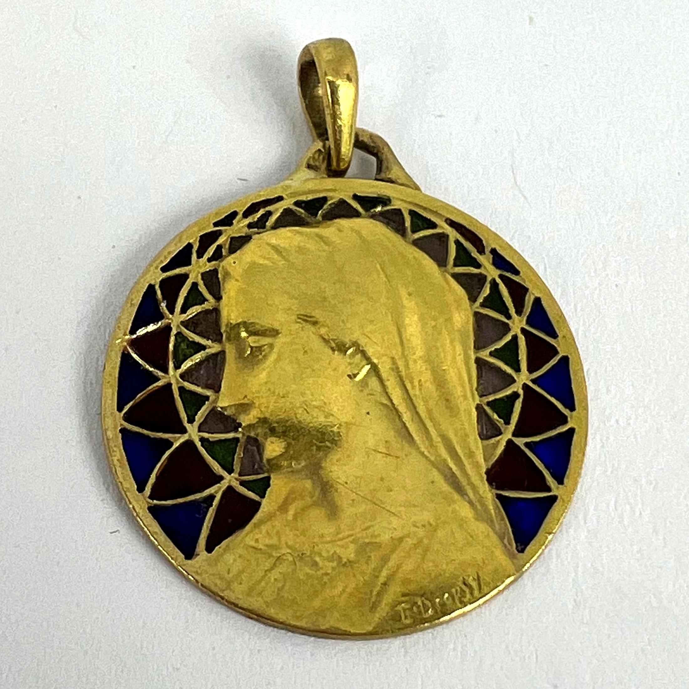 French E Dropsy Virgin Mary Plique A Jour Enamel 18K Yellow Gold Pendant Medal For Sale 12
