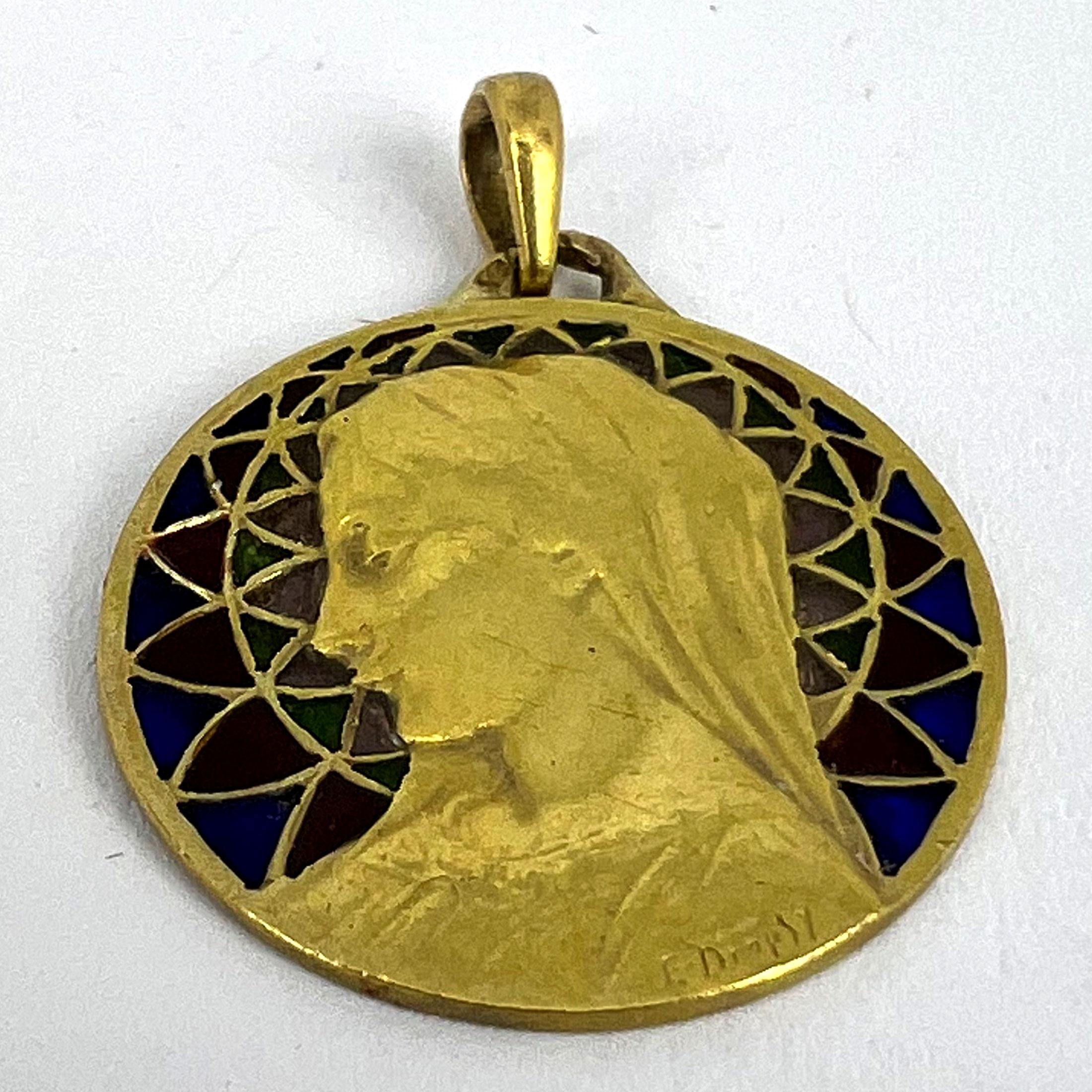 French E Dropsy Virgin Mary Plique A Jour Enamel 18K Yellow Gold Pendant Medal For Sale 13