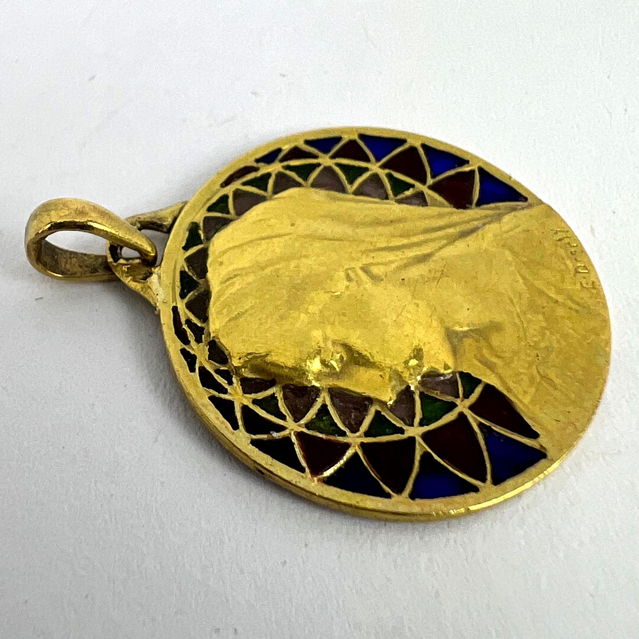 French E Dropsy Virgin Mary Plique A Jour Enamel 18K Yellow Gold Pendant Medal For Sale 14