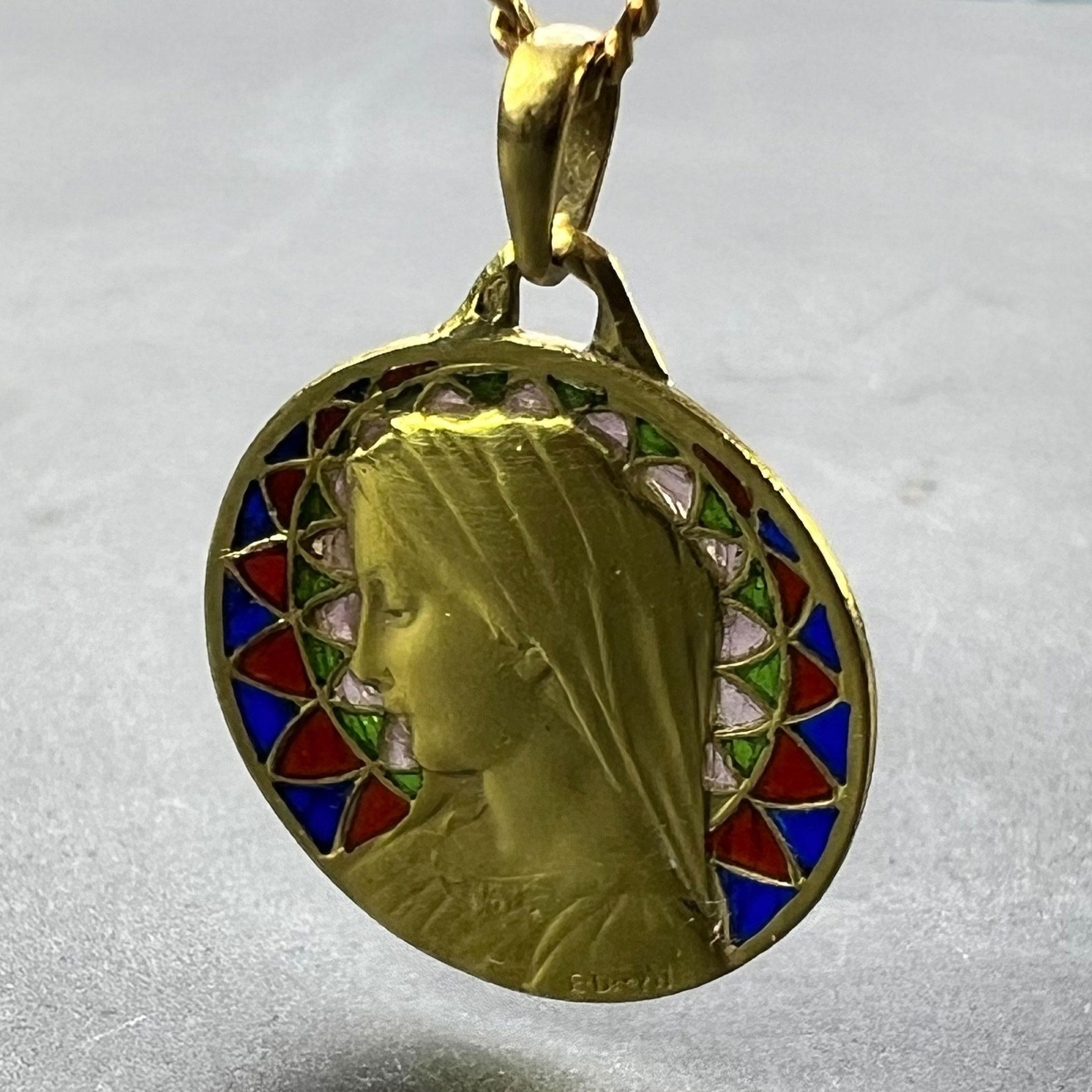 French E Dropsy Virgin Mary Plique A Jour Enamel 18K Yellow Gold Pendant Medal In Good Condition For Sale In London, GB