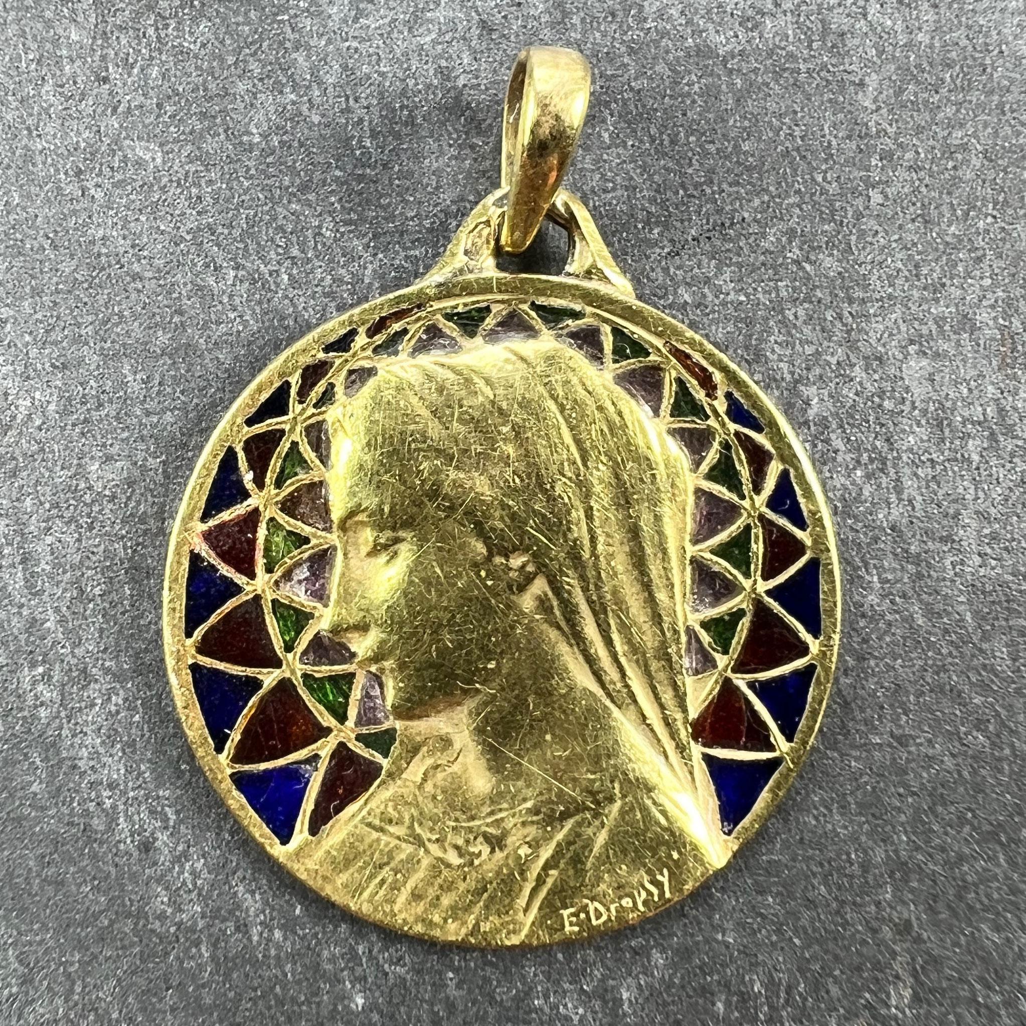Women's or Men's French E Dropsy Virgin Mary Plique A Jour Enamel 18K Yellow Gold Pendant Medal For Sale