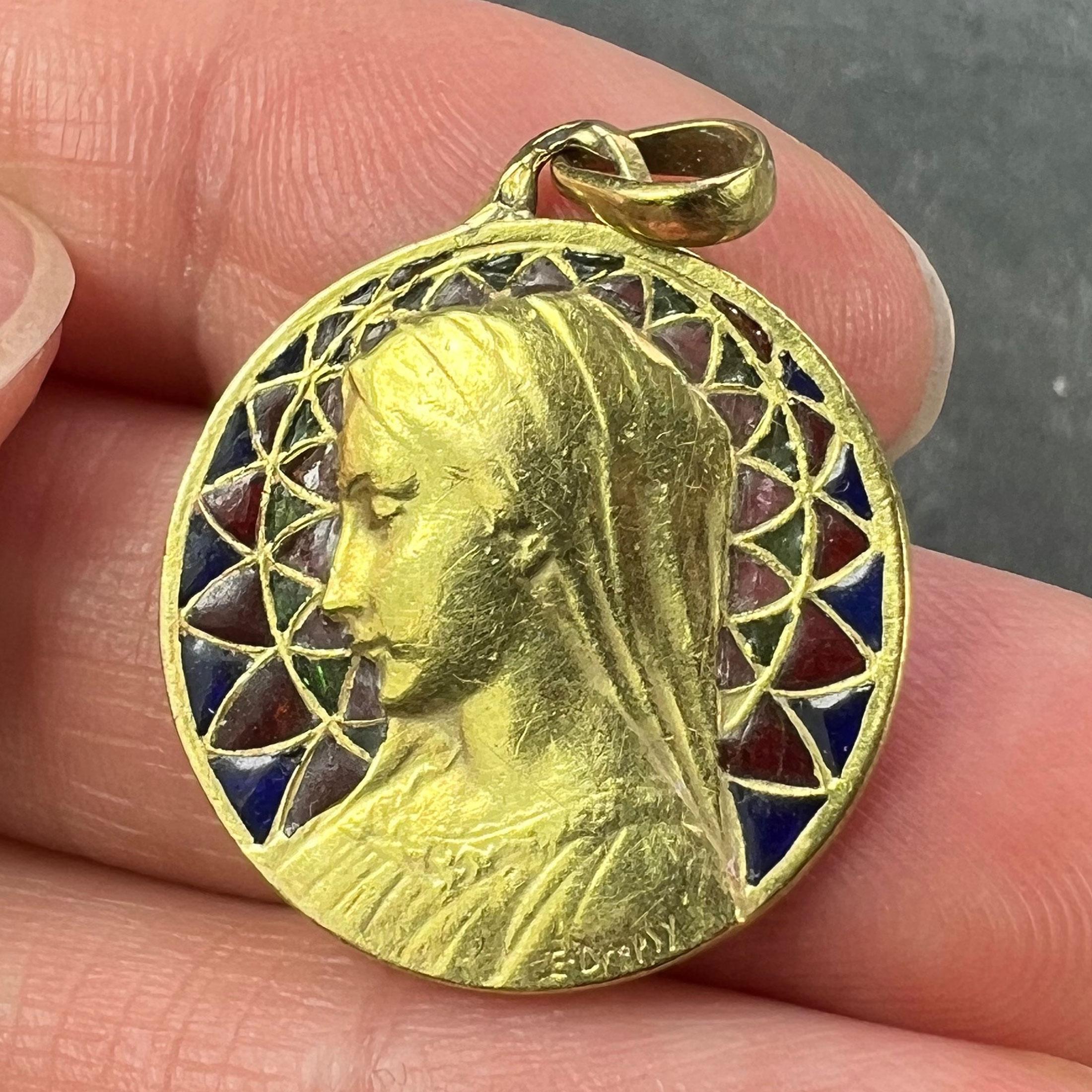 French E Dropsy Virgin Mary Plique A Jour Enamel 18K Yellow Gold Pendant Medal For Sale 3