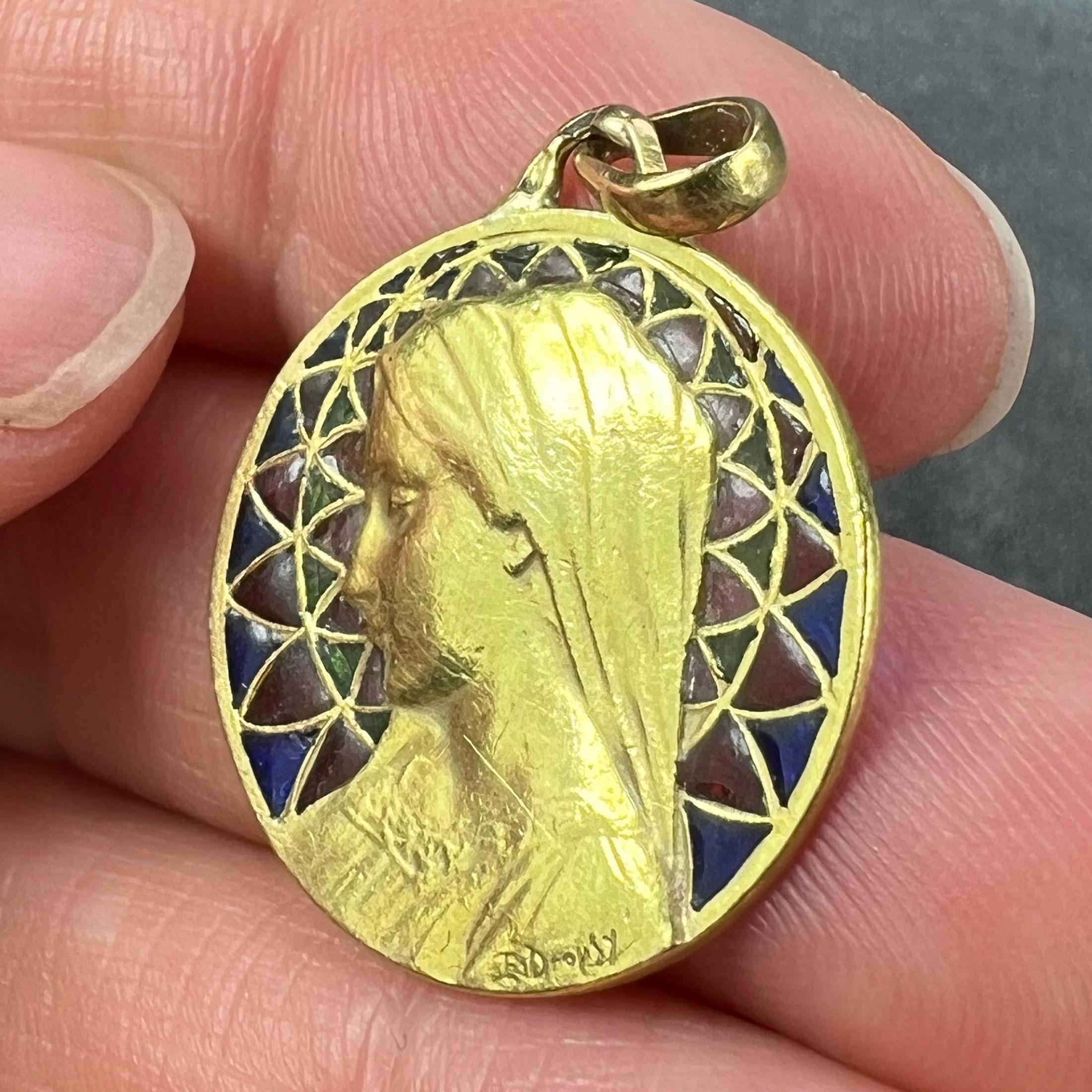 French E Dropsy Virgin Mary Plique A Jour Enamel 18K Yellow Gold Pendant Medal For Sale 4
