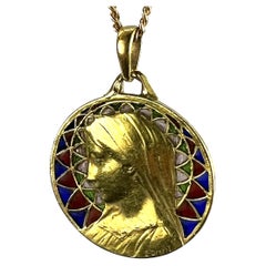 French E Dropsy Virgin Mary Plique A Jour Enamel 18K Yellow Gold Pendant Medal