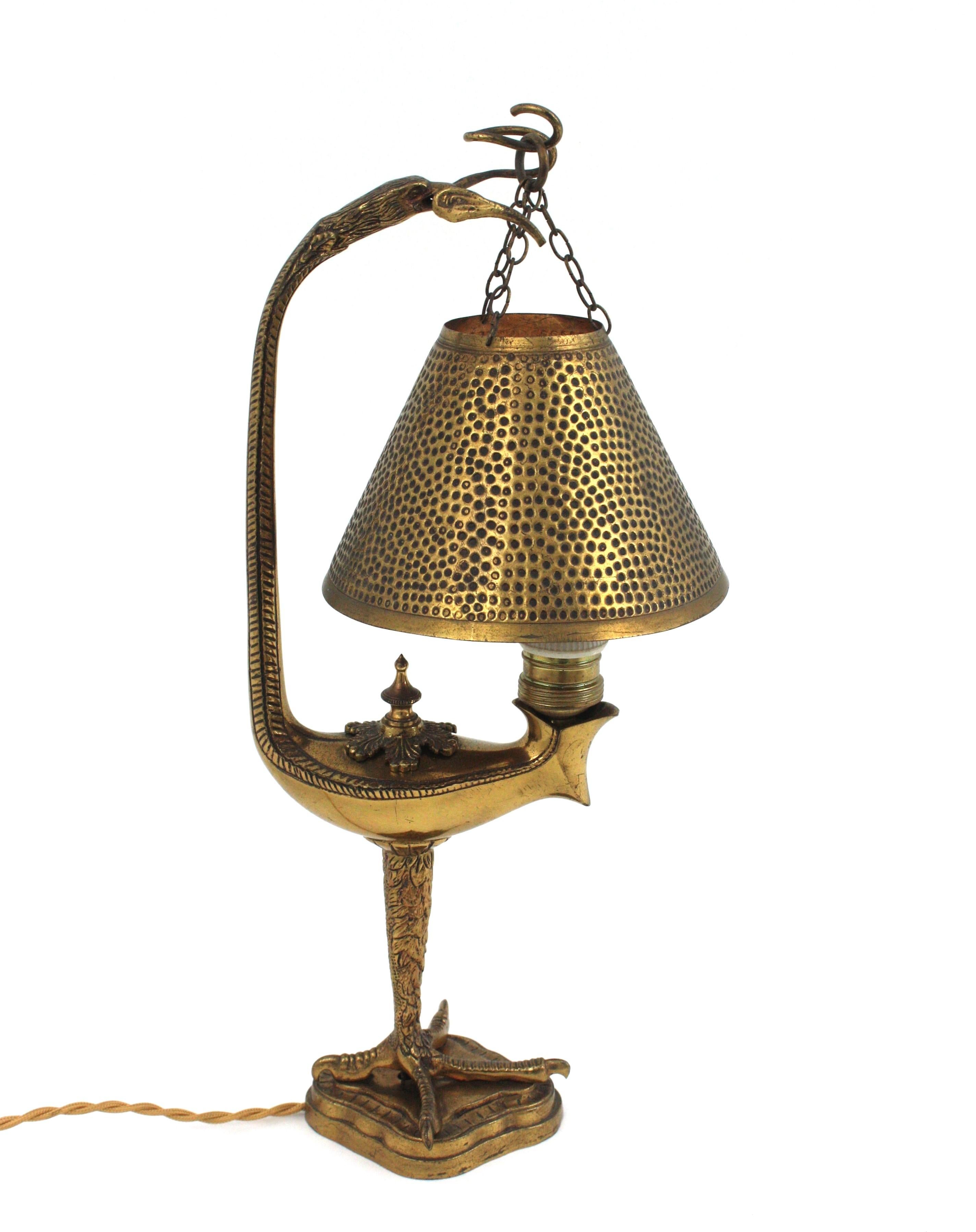Repoussé French Eagle Table Lamp in Brass, Muller Frères Style For Sale