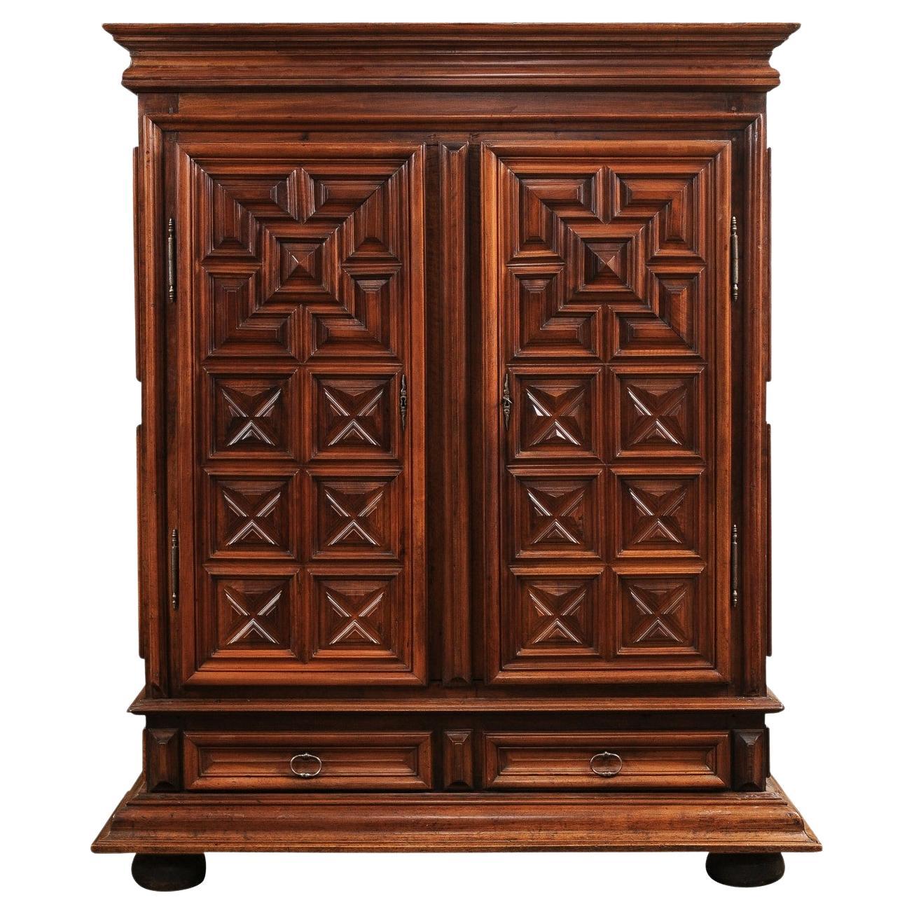 French Early 17th Century Louis XIII Period Walnut Armoire with Geometric Motifs For Sale
