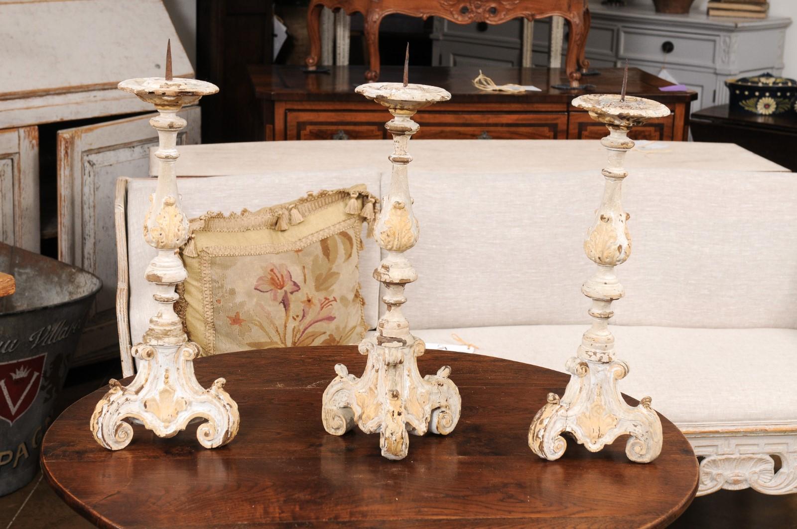 French Early 18th Century Rococo Gray and Cream Painted Candlesticks, Sold Each For Sale 4