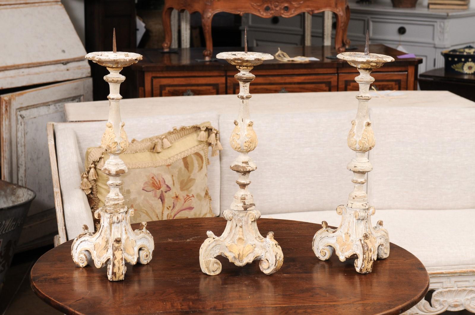 French Early 18th Century Rococo Gray and Cream Painted Candlesticks, Sold Each For Sale 5
