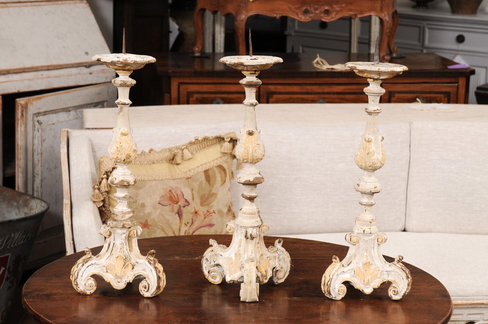 French Early 18th Century Rococo Gray and Cream Painted Candlesticks, Sold Each For Sale 6