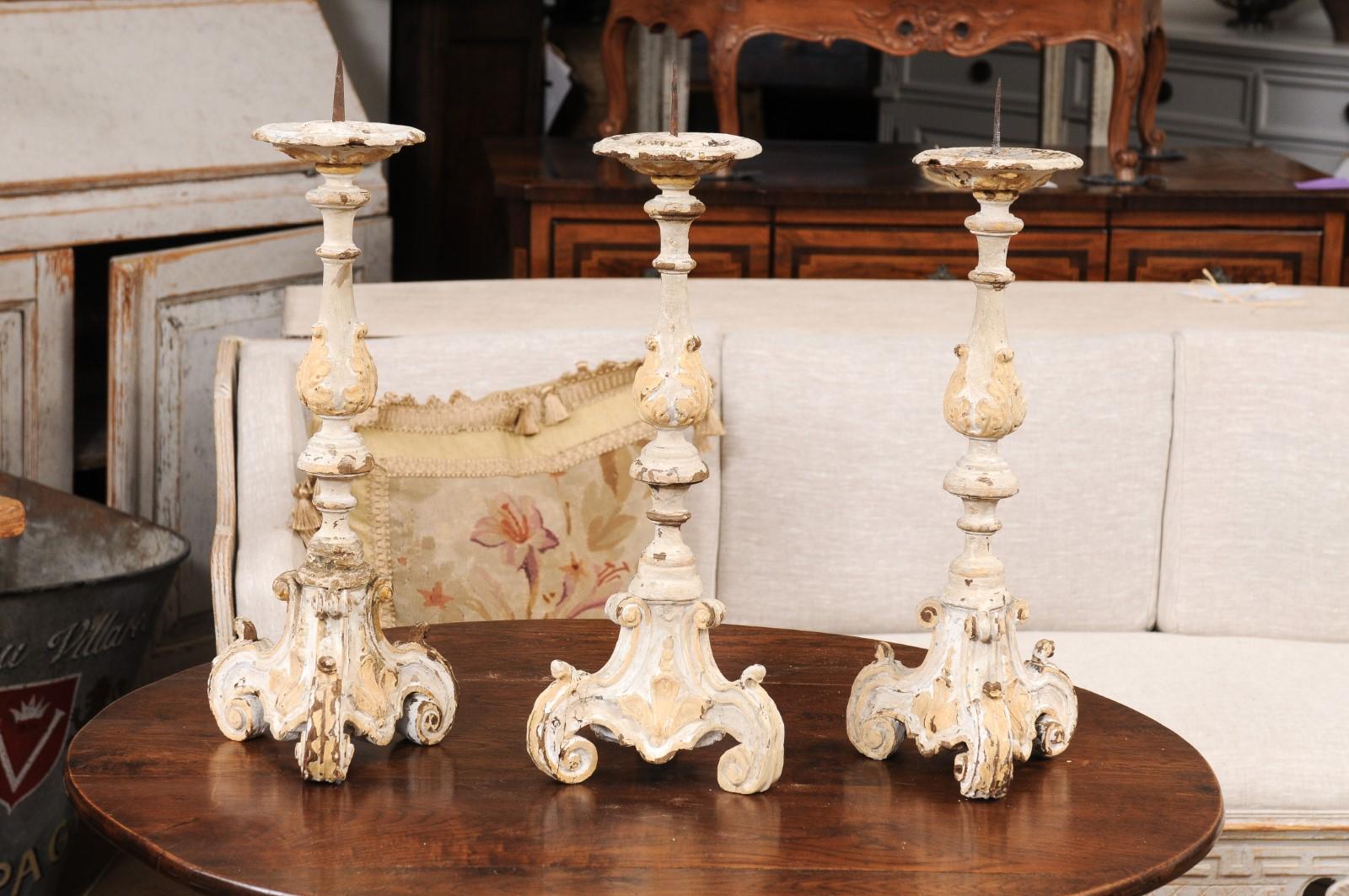 French Early 18th Century Rococo Gray and Cream Painted Candlesticks, Sold Each For Sale 7