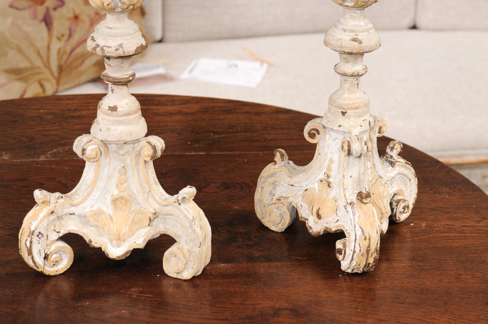 French Early 18th Century Rococo Gray and Cream Painted Candlesticks, Sold Each For Sale 8
