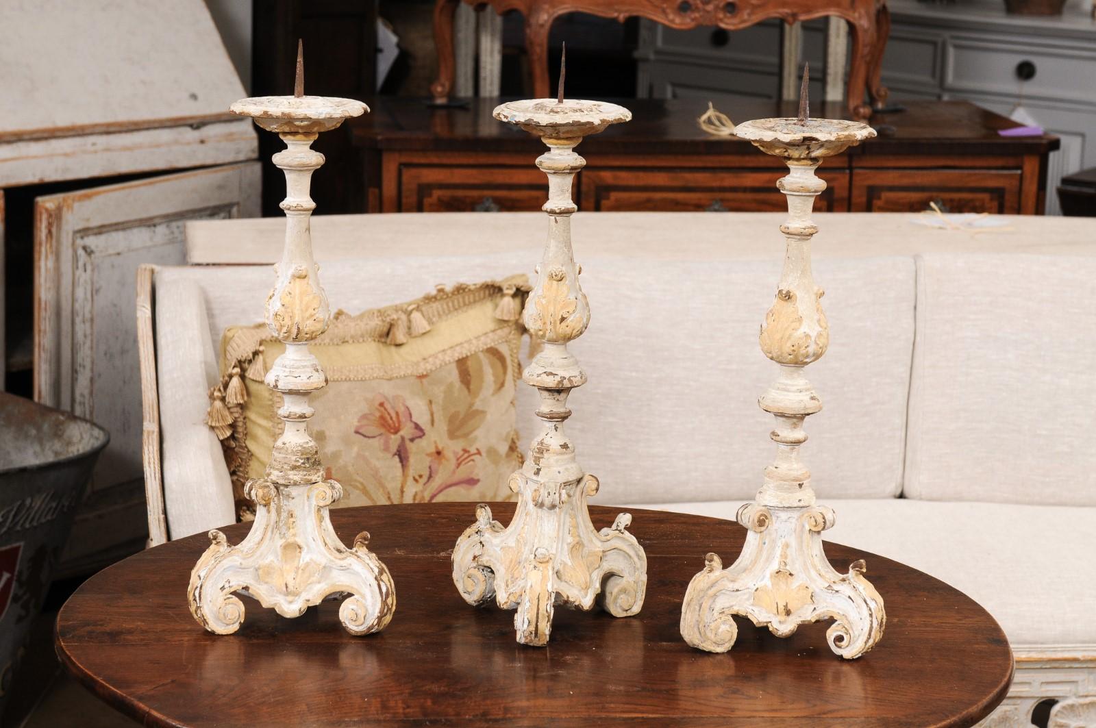 French Early 18th Century Rococo Gray and Cream Painted Candlesticks, Sold Each For Sale 9