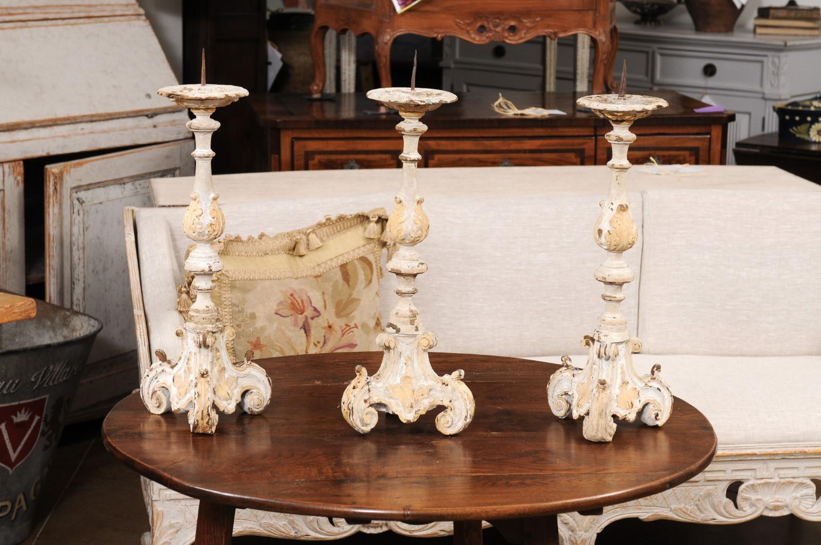 Carved French Early 18th Century Rococo Gray and Cream Painted Candlesticks, Sold Each For Sale