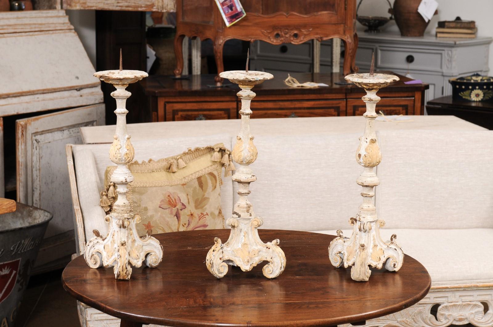 French Early 18th Century Rococo Gray and Cream Painted Candlesticks, Sold Each In Good Condition For Sale In Atlanta, GA