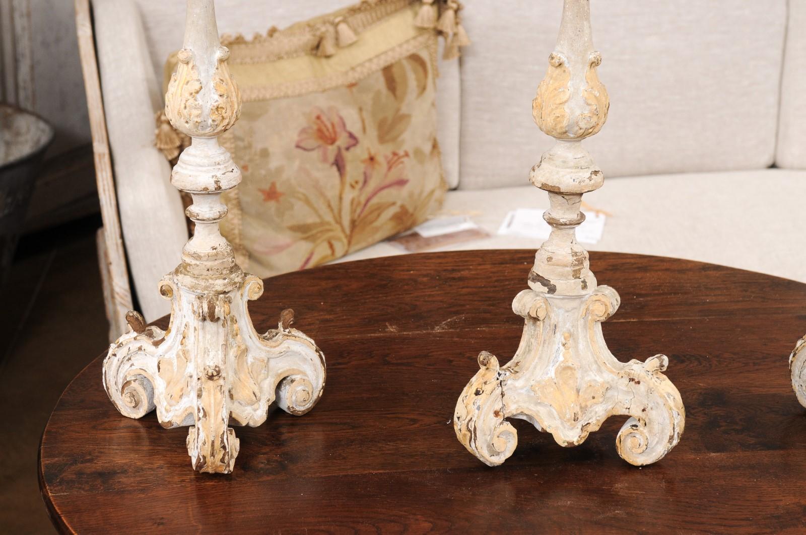 Wood French Early 18th Century Rococo Gray and Cream Painted Candlesticks, Sold Each For Sale