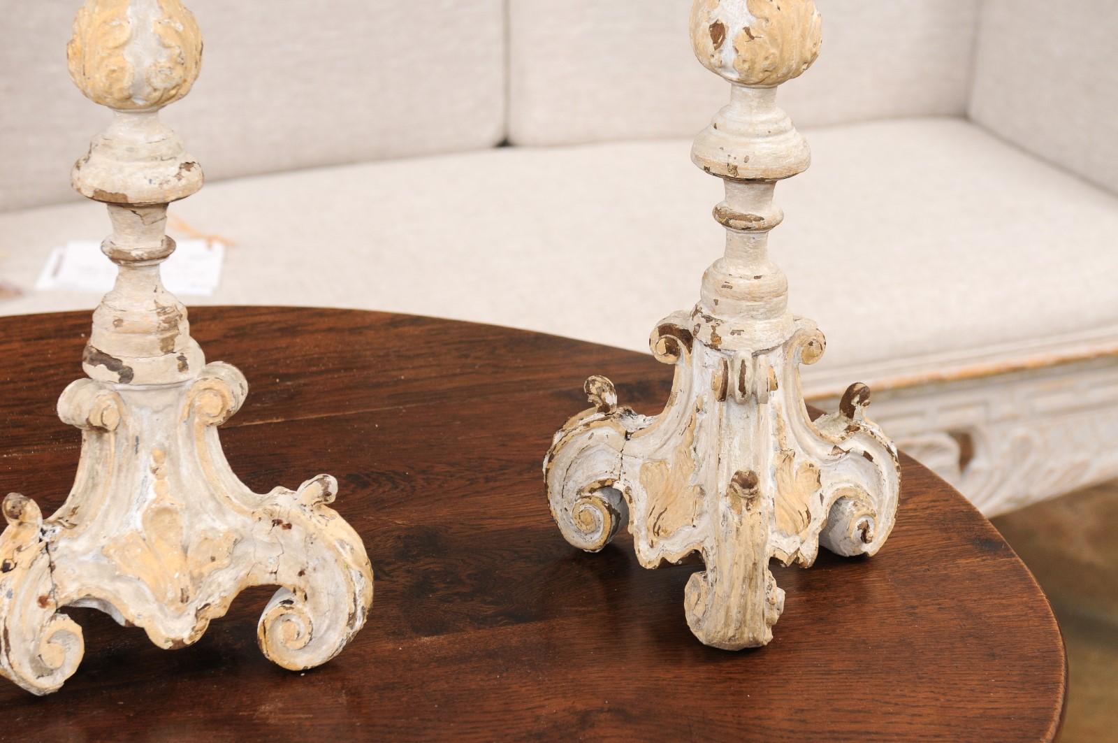 French Early 18th Century Rococo Gray and Cream Painted Candlesticks, Sold Each For Sale 2