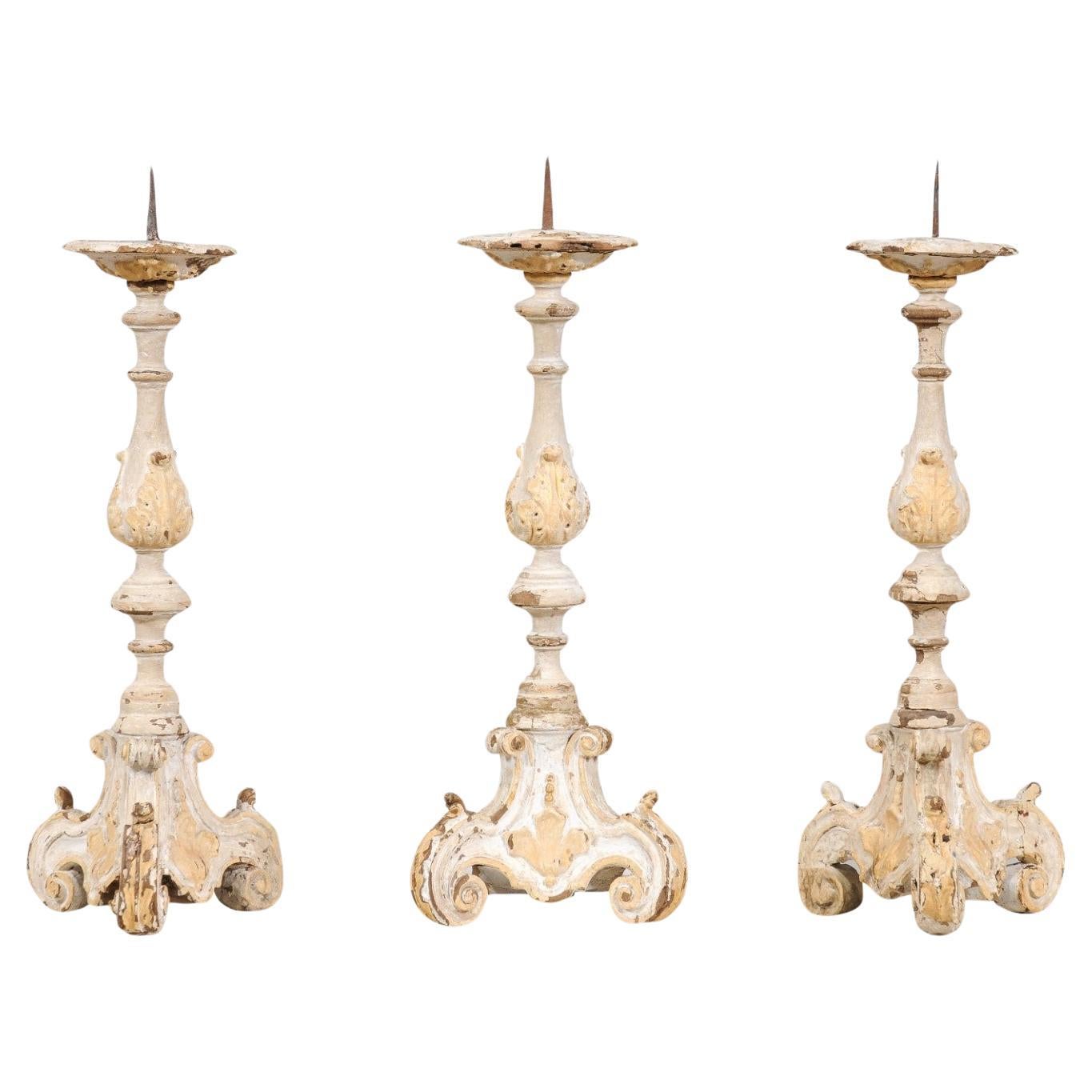 French Early 18th Century Rococo Gray and Cream Painted Candlesticks ...