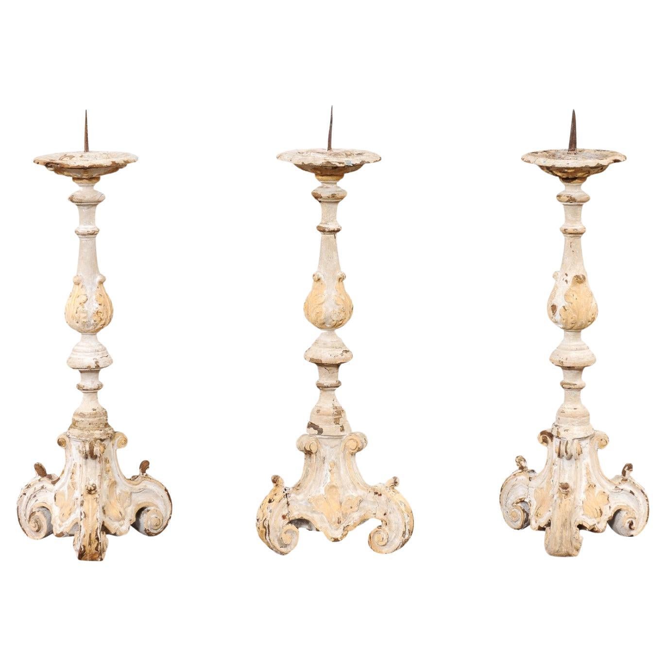 French Early 18th Century Rococo Gray and Cream Painted Candlesticks, Sold Each For Sale