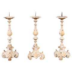 French Early 18th Century Rococo Gray and Cream Painted Candlesticks, Sold Each