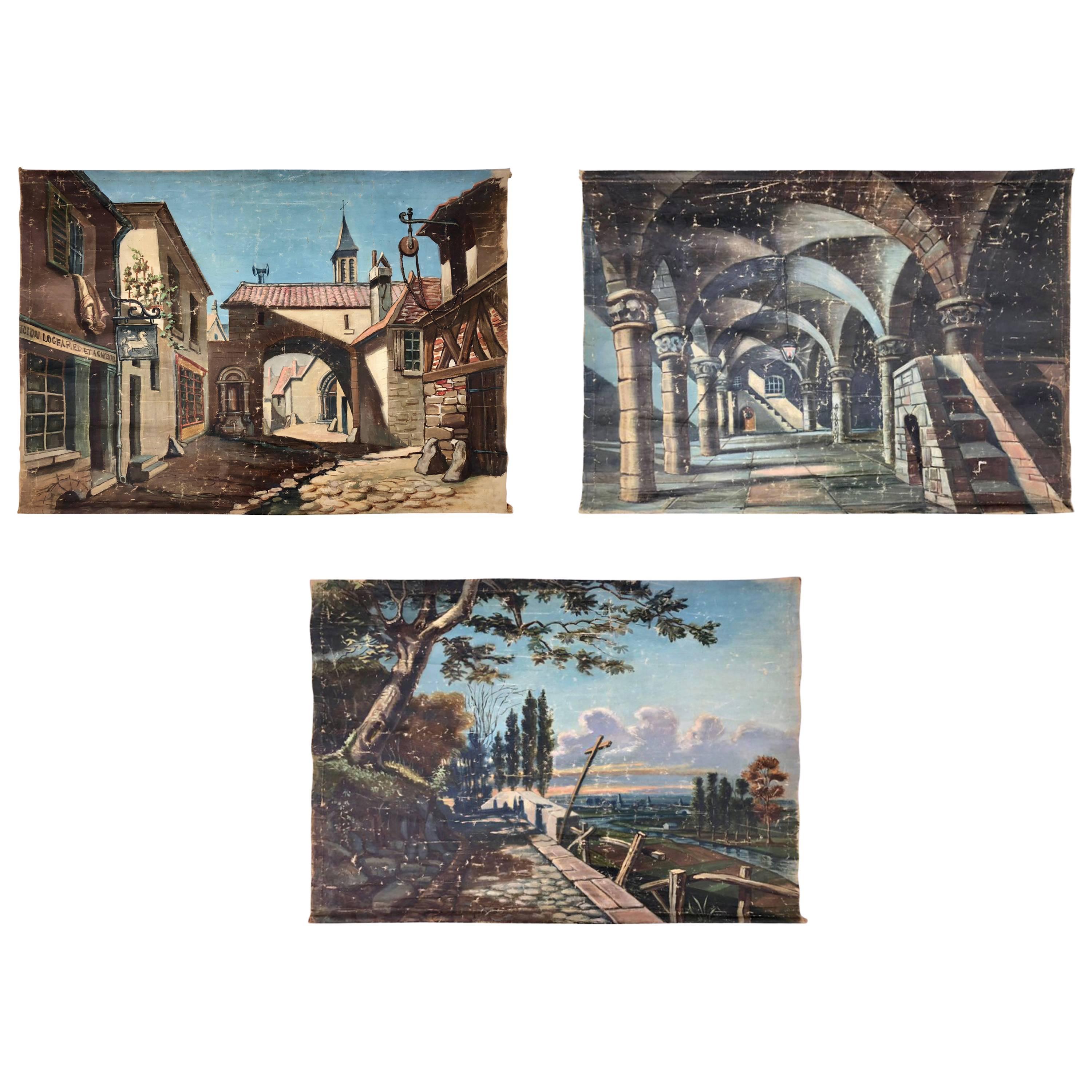 French Early 1900s Guignol Hand-Painted Scenes on Canvas, Set of Three For Sale
