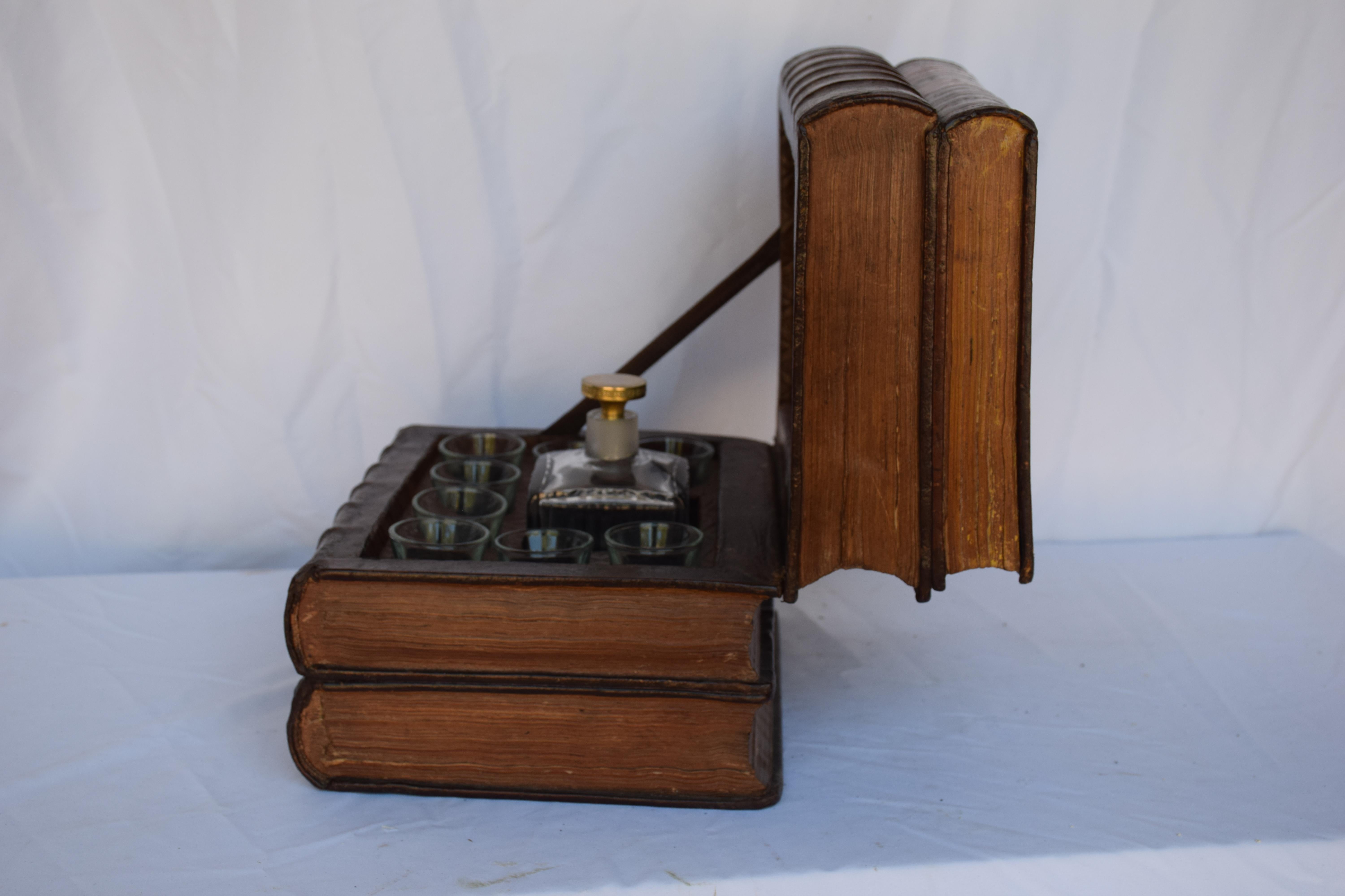 French Early 1900s Stack of Leather Books Tantalus Liquor / Drinks Box For Sale 8