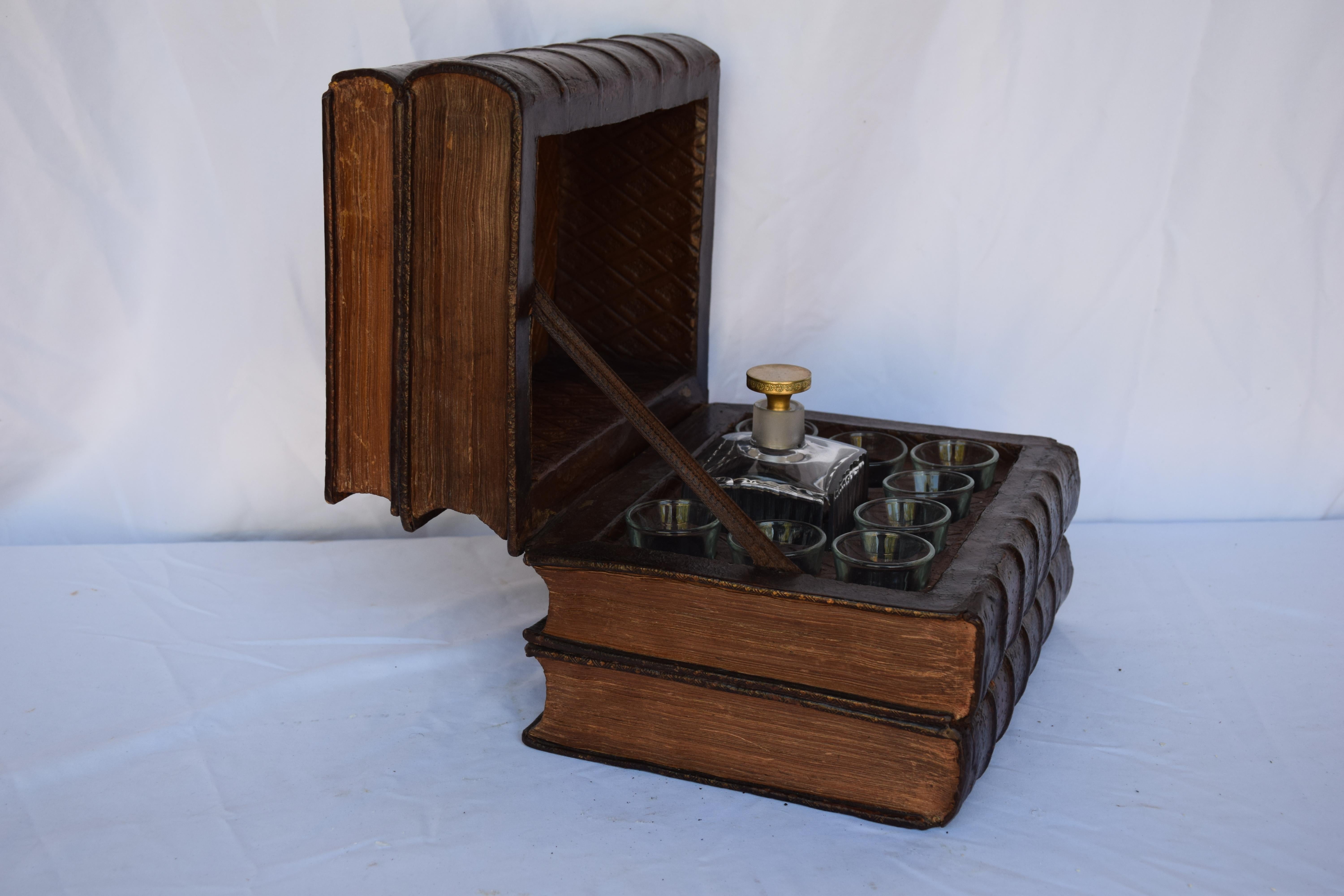 French Early 1900s Stack of Leather Books Tantalus Liquor / Drinks Box For Sale 16