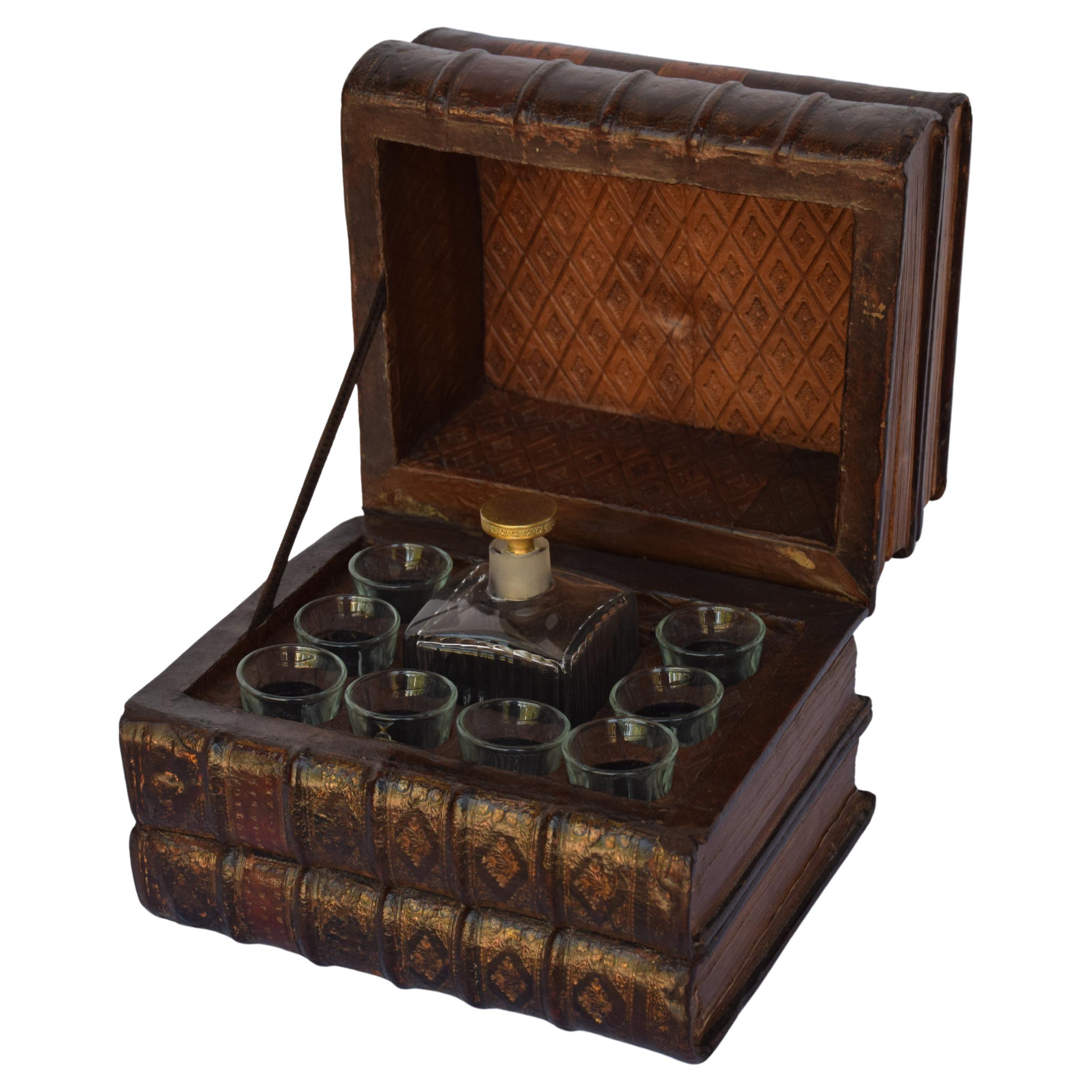 French Early 1900s Stack of Leather Books Tantalus Liquor / Drinks Box