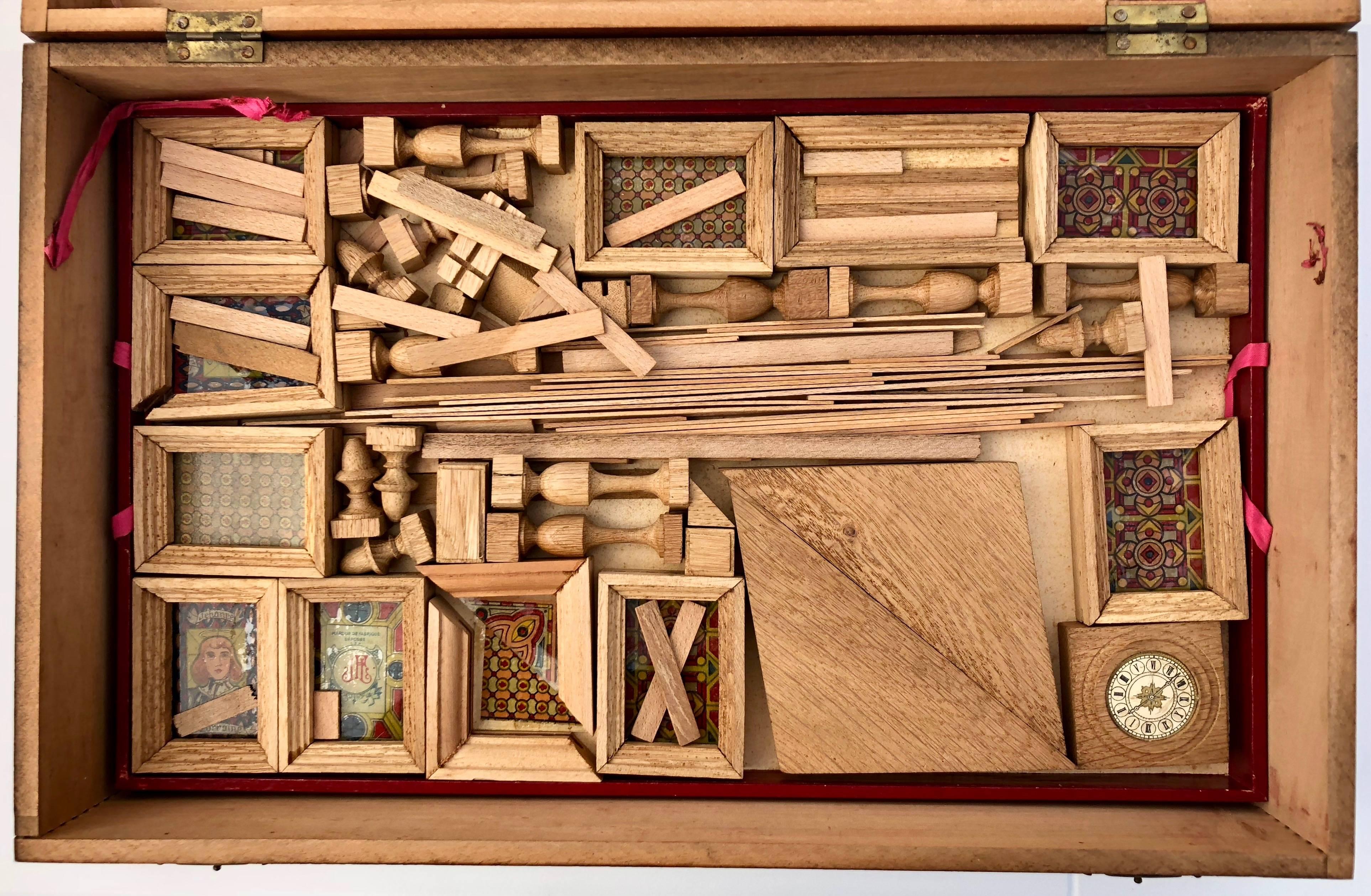 French Early 1900s Wooden Construction Game, Beautiful Architectural Details In Good Condition For Sale In Petaluma, CA