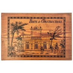 Jeu de construction français du début des années 1900 en bois avec fenêtres en verre teinté dans sa boîte