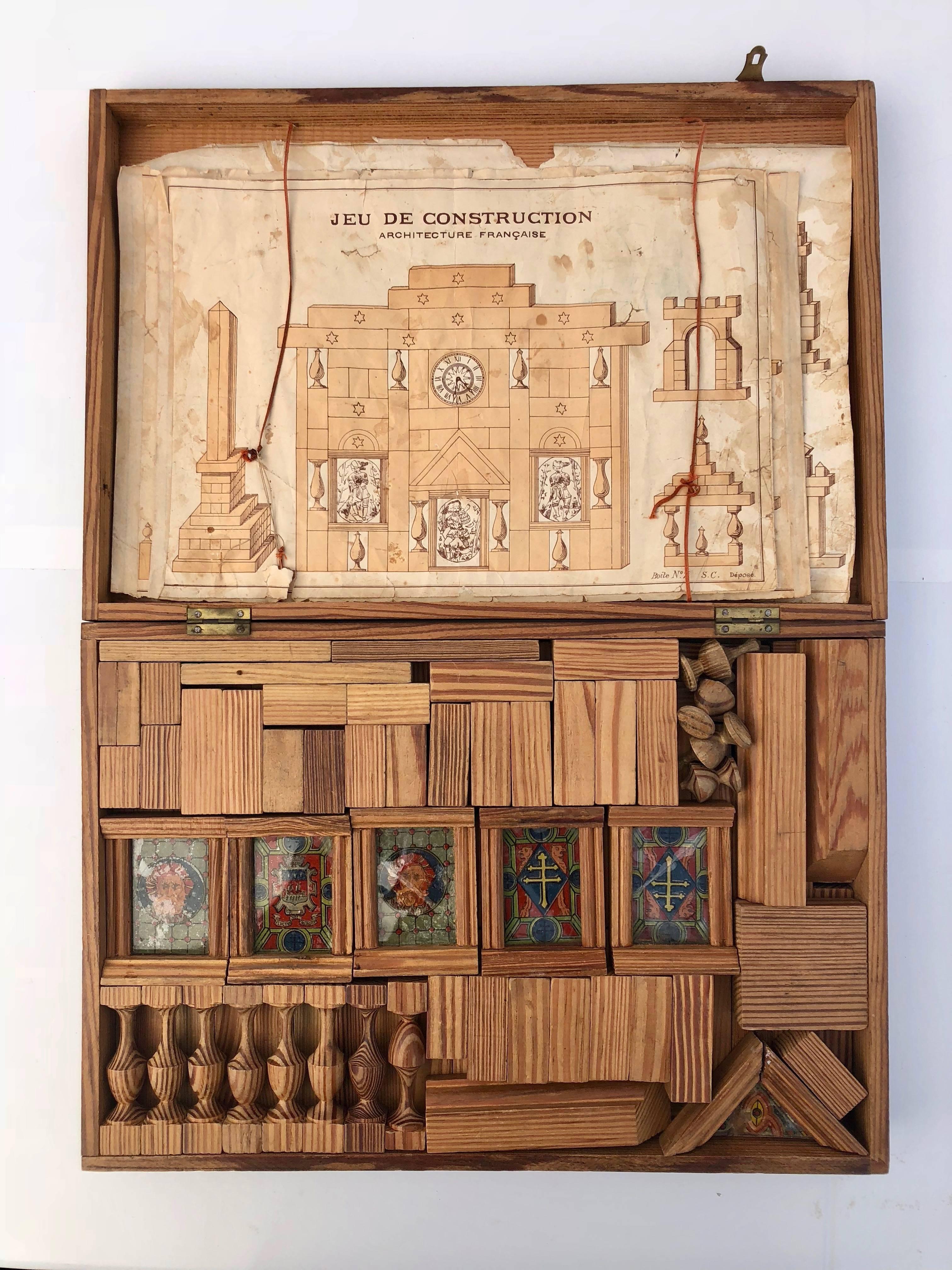 Art Deco French Early 1900s Wooden Construction Game with Stain Glass Windows in It's Box