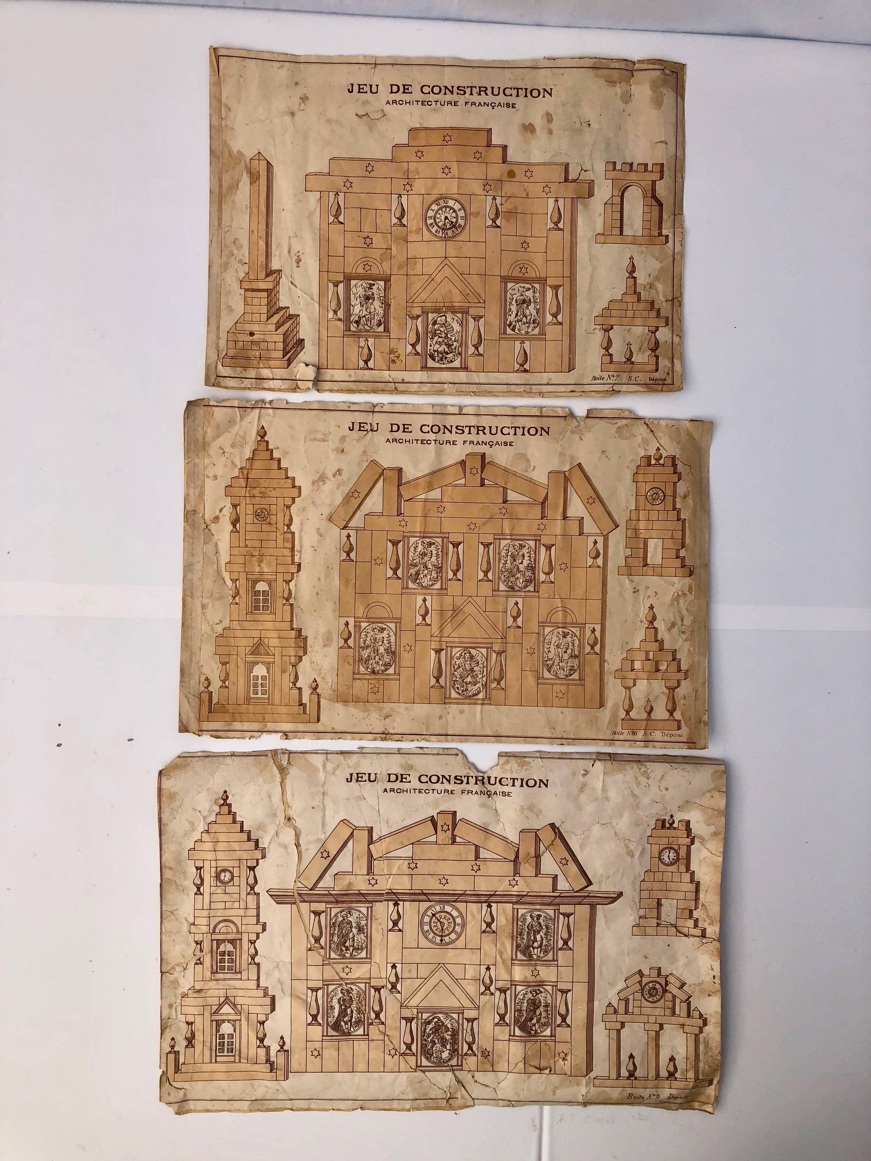 Jeu de construction français du début des années 1900 en bois avec fenêtres en verre teinté dans sa boîte Bon état à Petaluma, CA