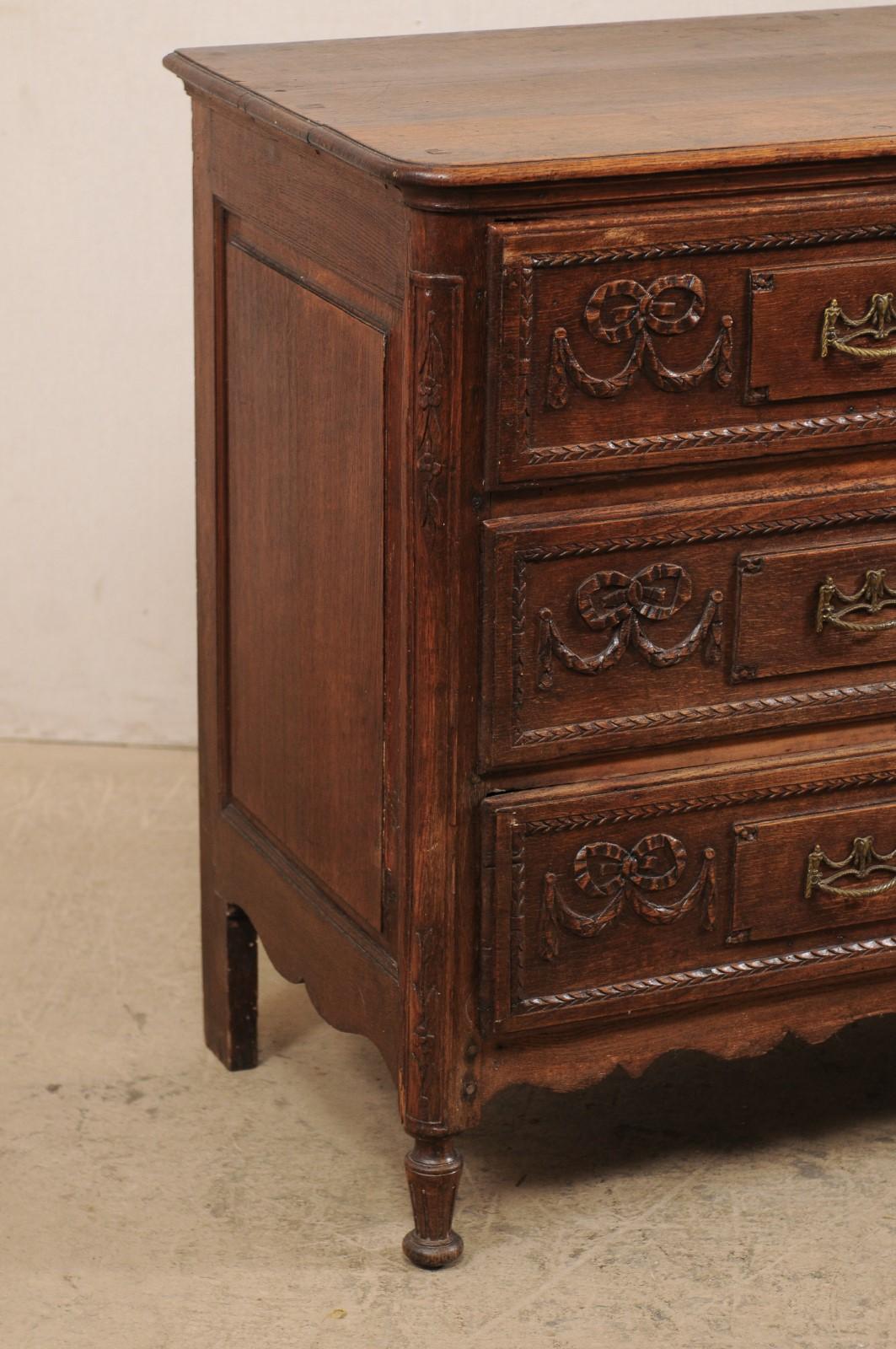 Neoclassical French Early 19th C, 3-Drawer Chest with Beautifully Carved Swags & Garlands For Sale