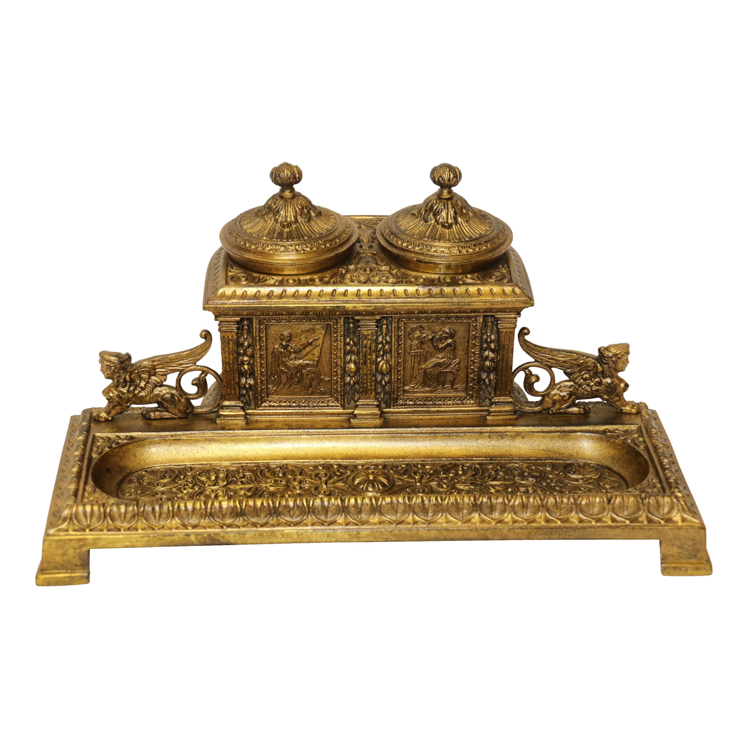 French Early 19th Century Bronze Grecian Style Pen and Ink Stand, circa 1830 For Sale