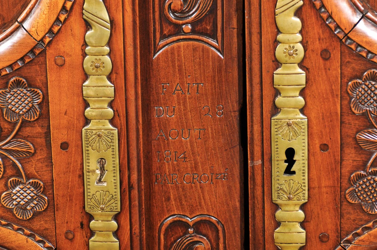 French Early 19th Century Cherry Armoire from Rennes Brittany with Carved Motifs 4