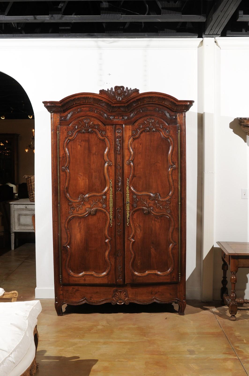 French Early 19th Century Cherry Armoire from Rennes Brittany with Carved Motifs 9