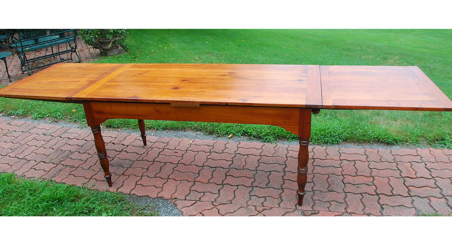 French Early 19th Century Farmhouse Cherry Double Extending Table Turned legs 4