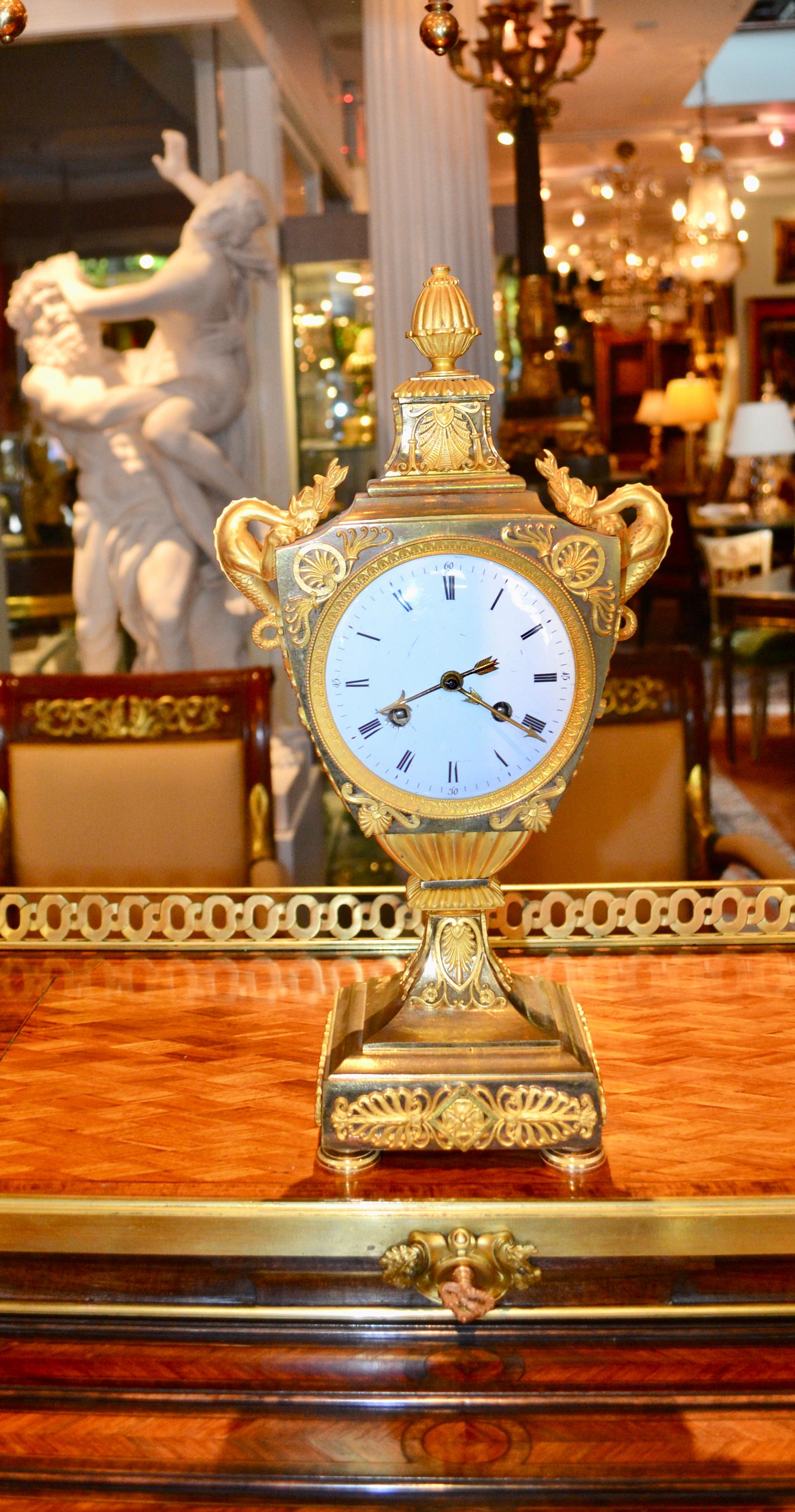 French Early 19th Century Empire Gilt Bronze Dragon Handled Urn Clock For Sale 6