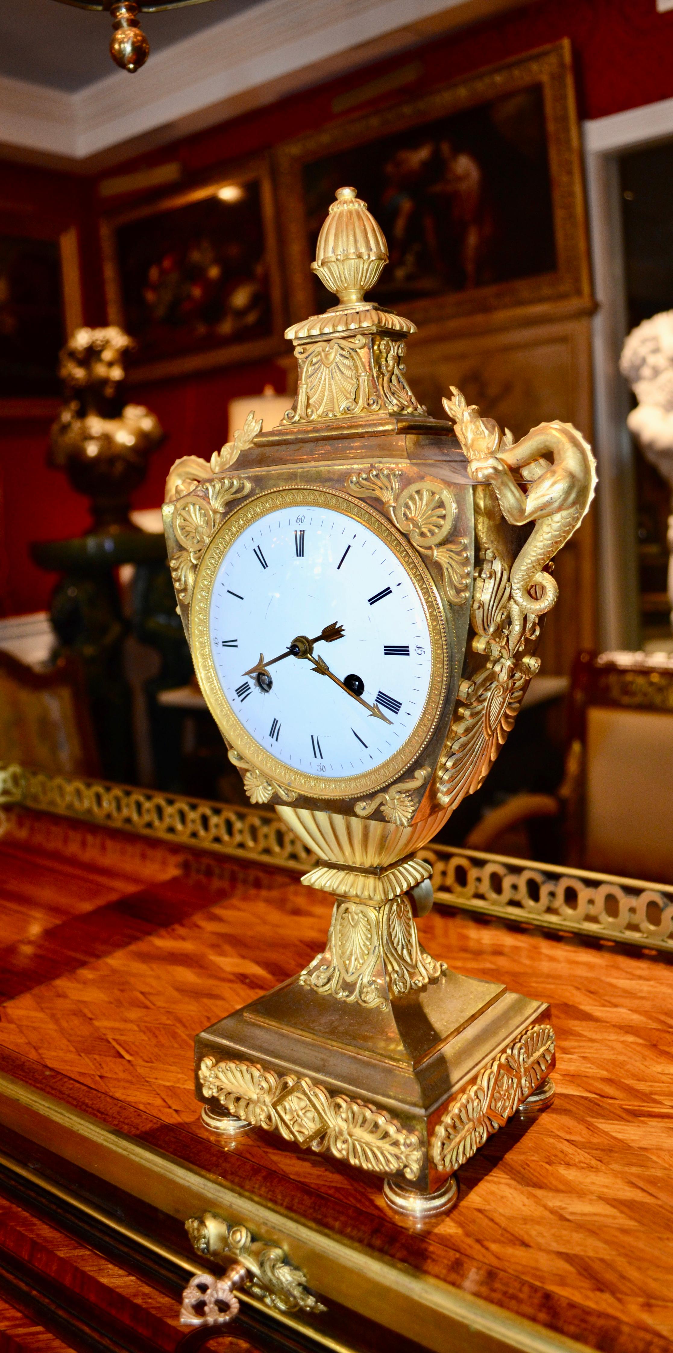 French Early 19th Century Empire Gilt Bronze Dragon Handled Urn Clock For Sale 7