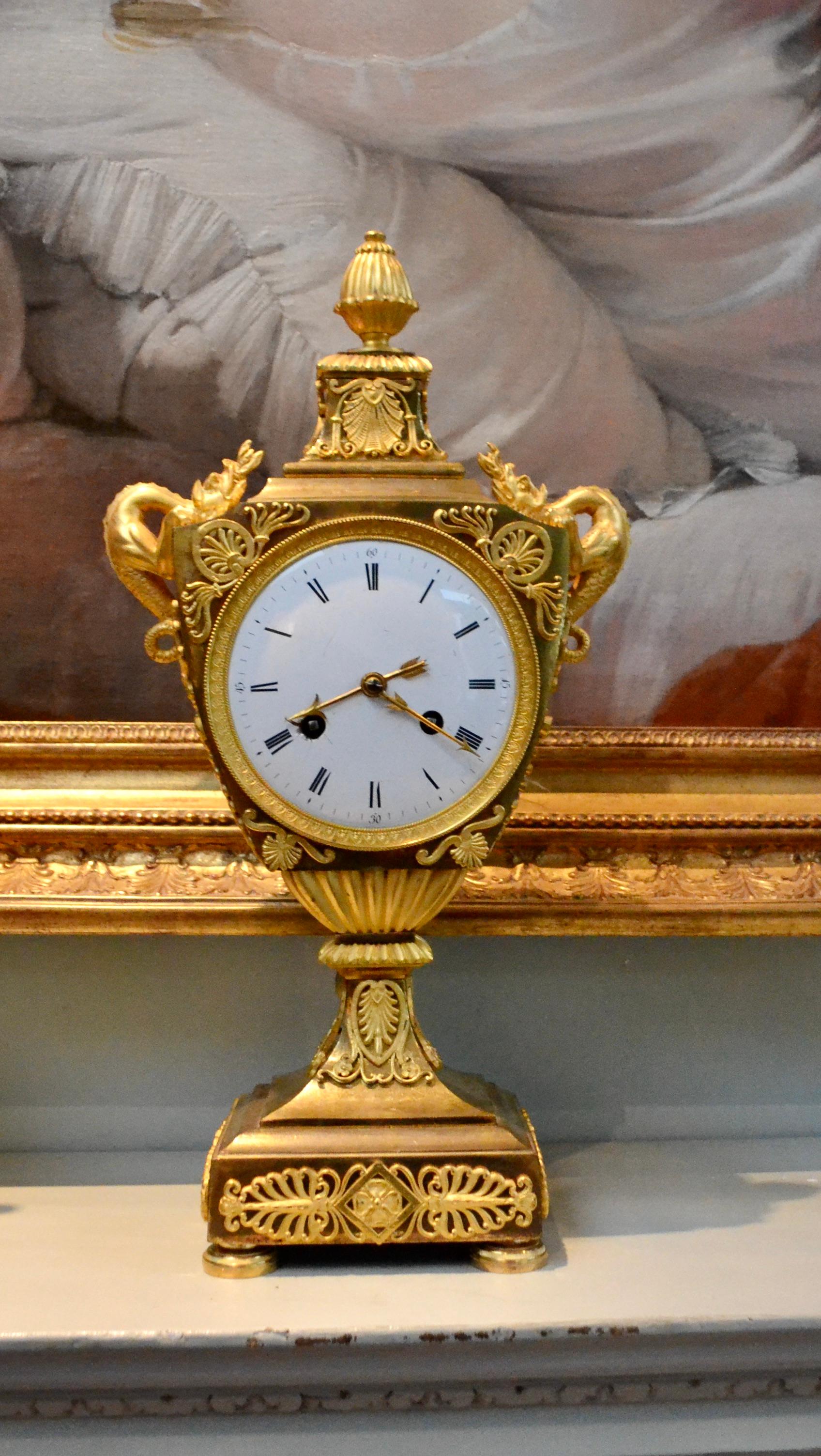 French Early 19th Century Empire Gilt Bronze Dragon Handled Urn Clock For Sale 4