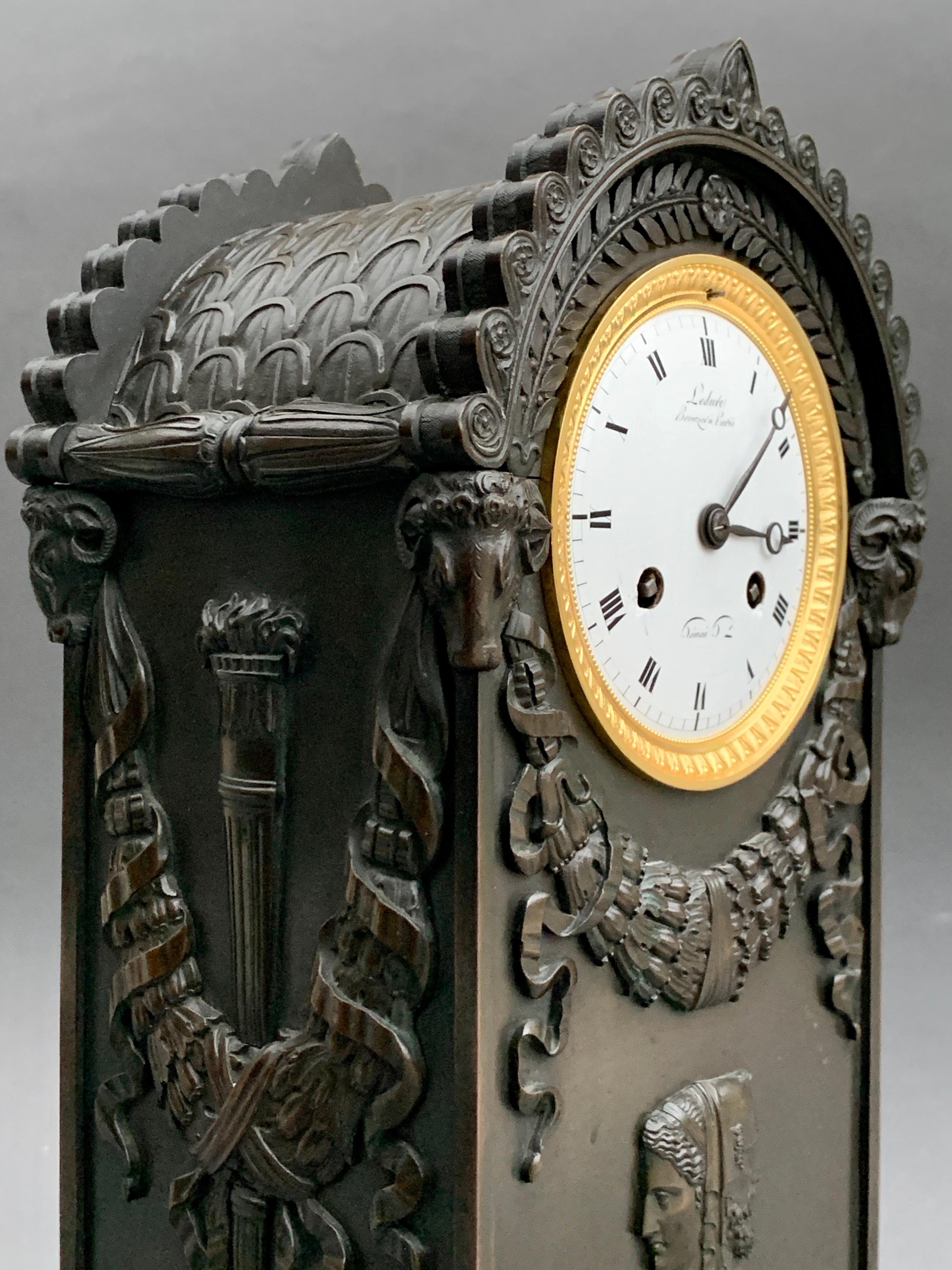 Patinated French Early 19th Century Empire Period Mantel Clock Signed Ledure For Sale