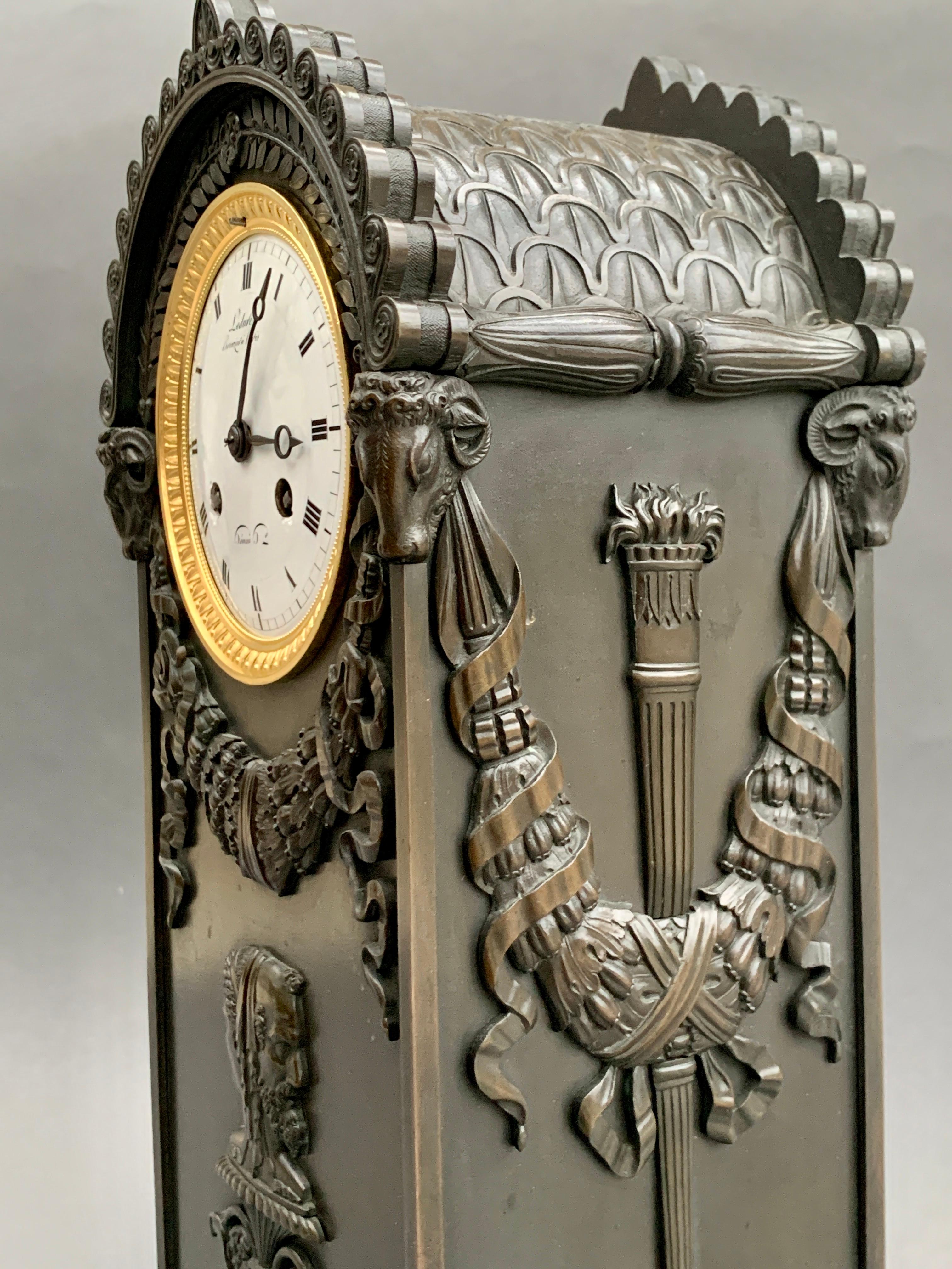 Bronze French Early 19th Century Empire Period Mantel Clock Signed Ledure For Sale