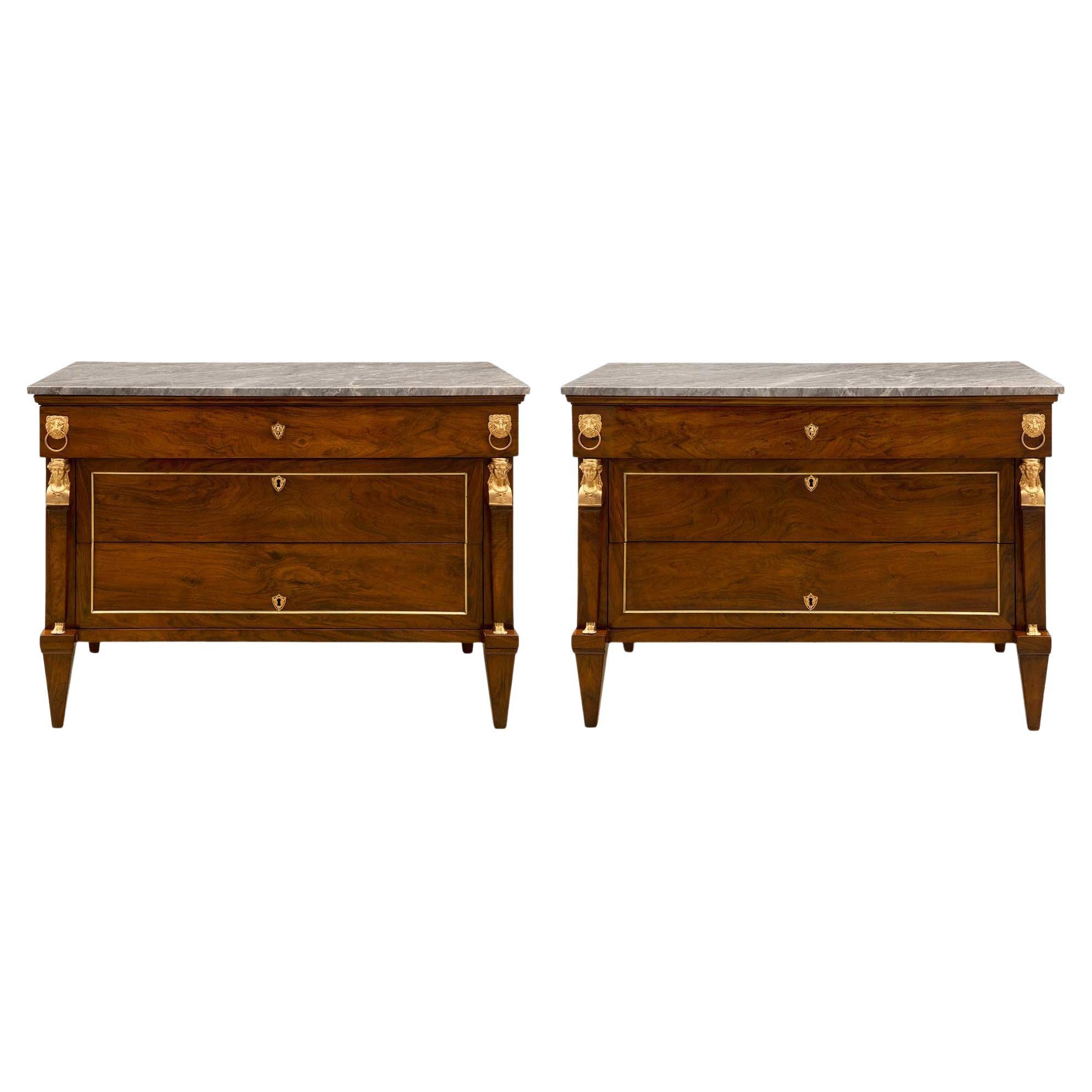 French Early 19th Century Empire St. Walnut, Ormolu and Marble Chests For Sale