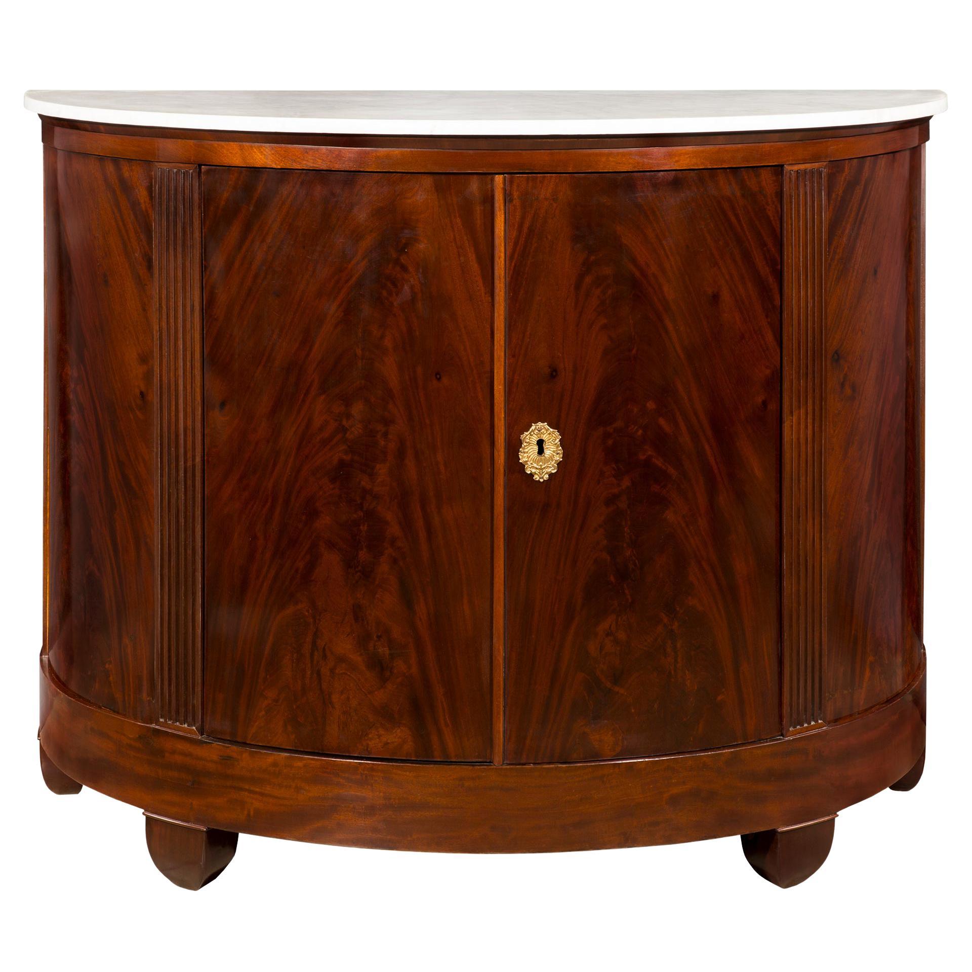 French Early 19th Century Flamed Mahogany Demilune Console Cabinet For Sale