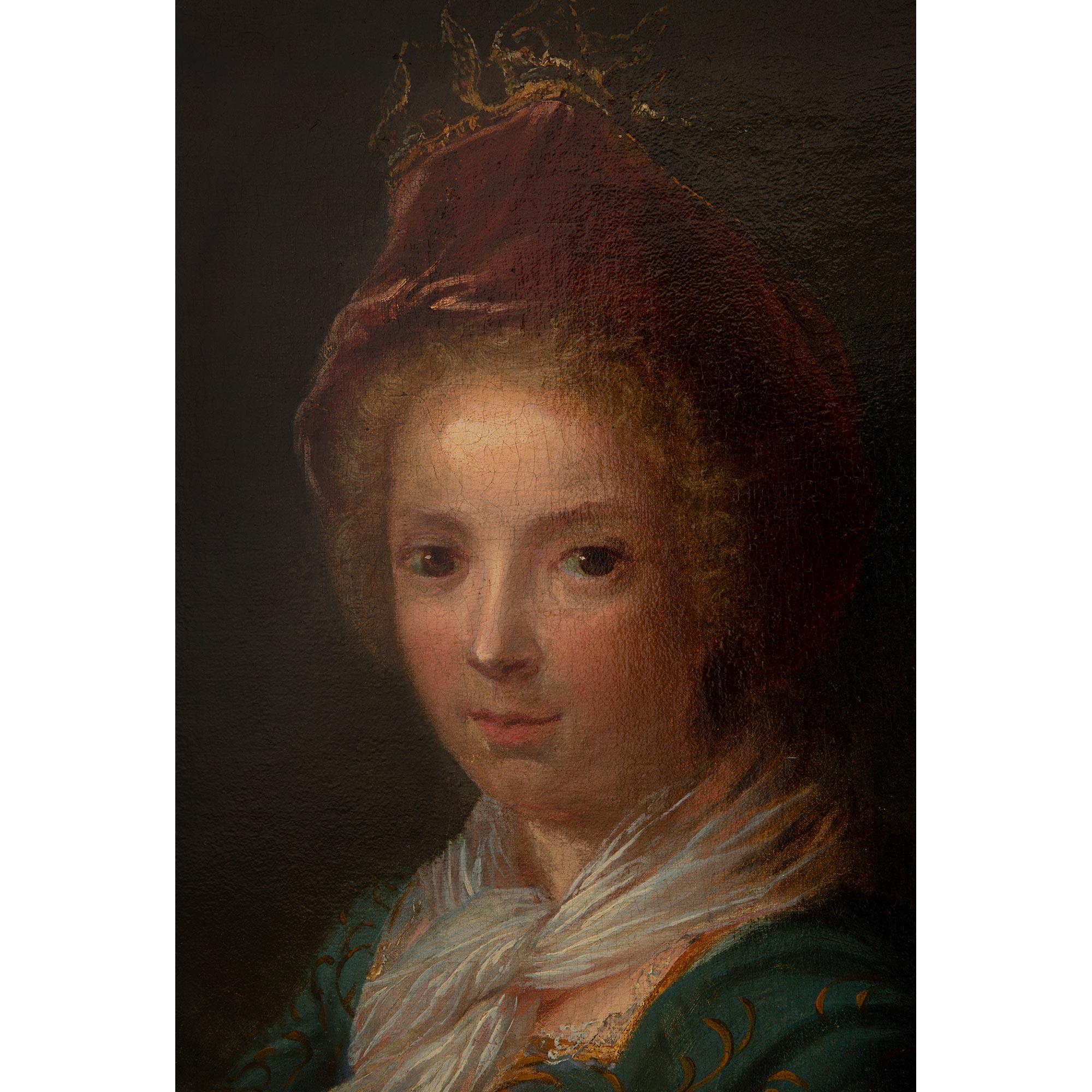 Français Portrait d'une jeune fille en bois doré et huile sur toile du début du XIXe siècle en vente