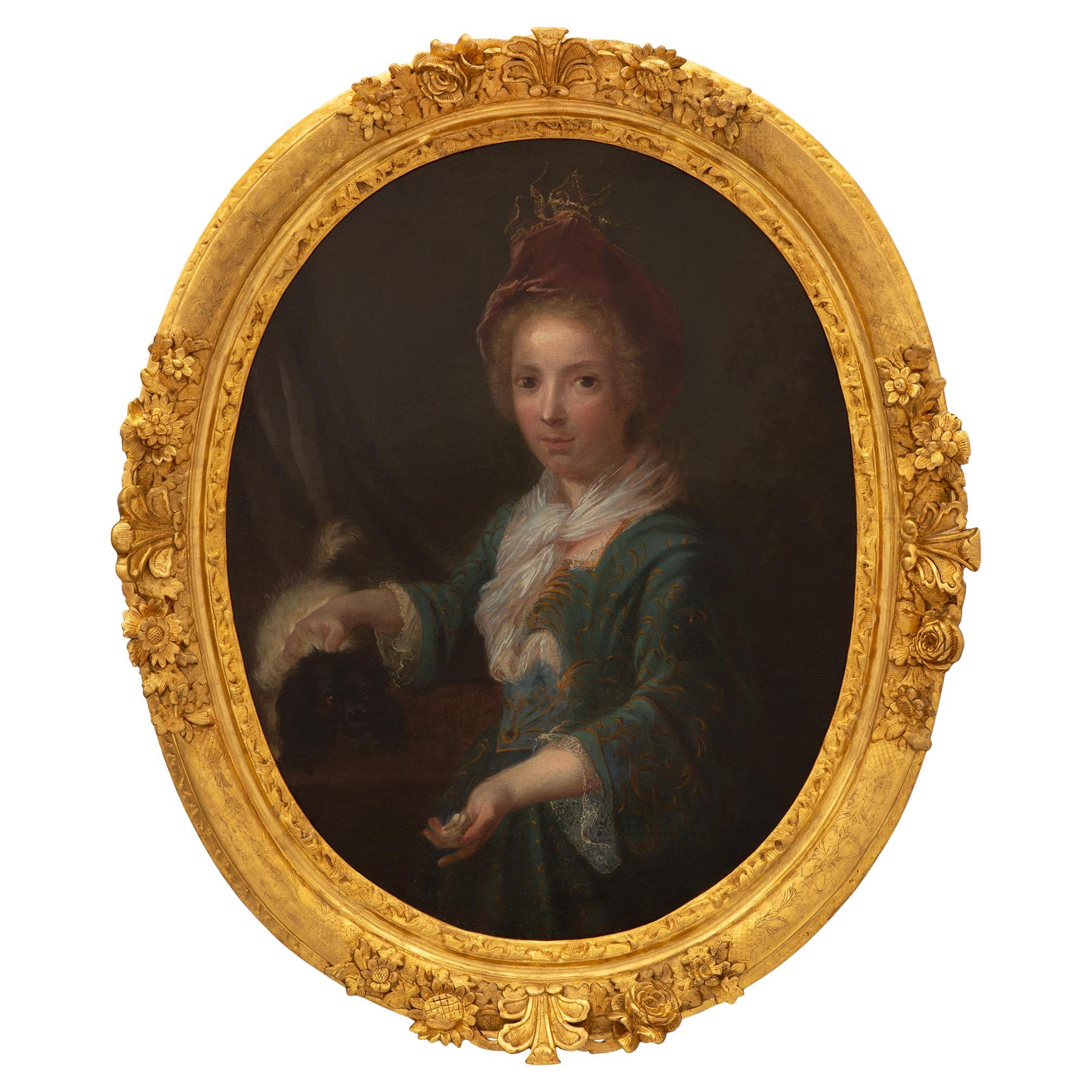 French Early 19th Century Giltwood and Oil on Canvas Portrait of a Young Girl